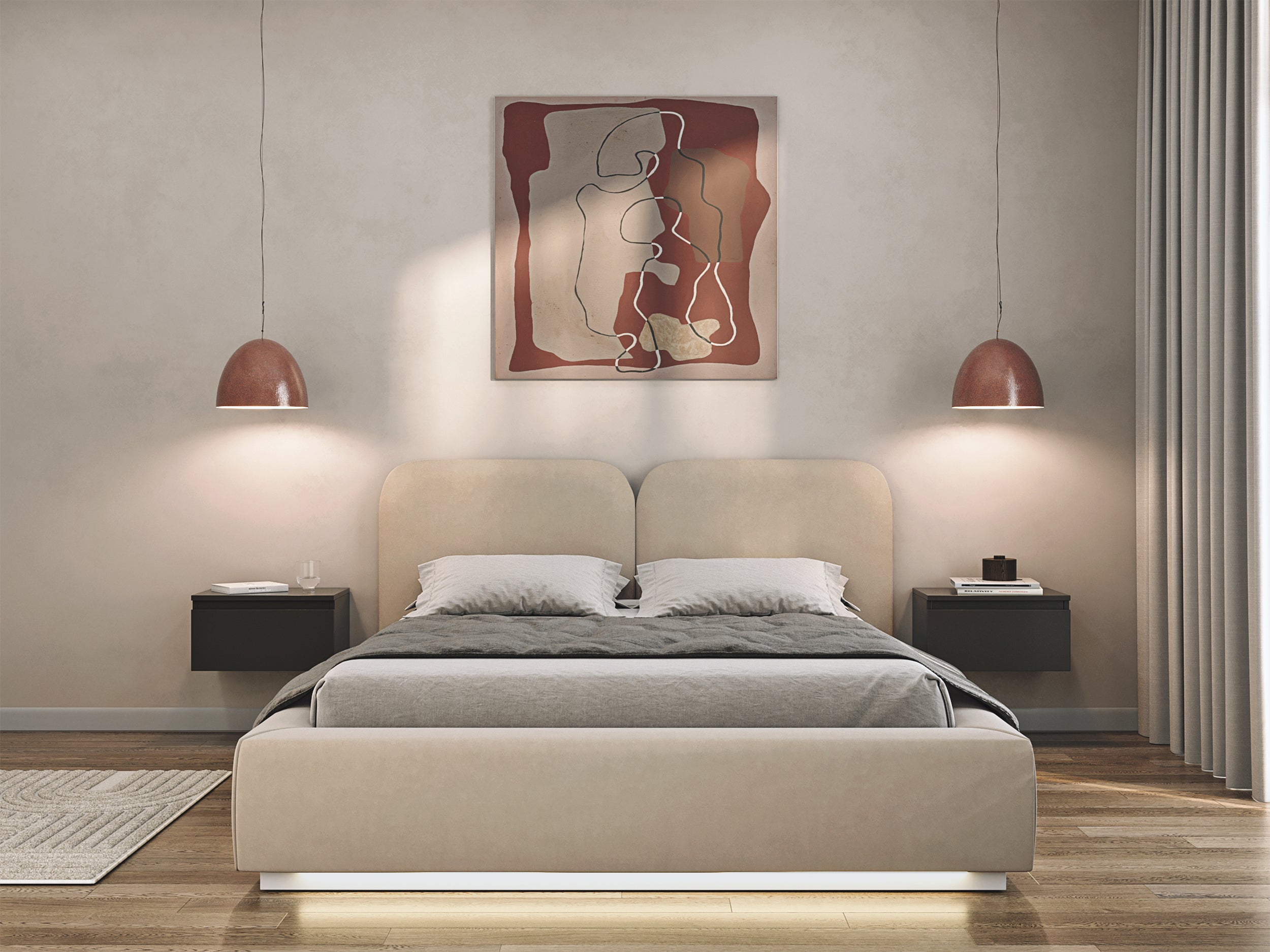 Łóżko tapicerowane 140x200 cm Comoves z pojemnikiem i oświetleniem LED stelaż metalowy jasnobeżowe welur