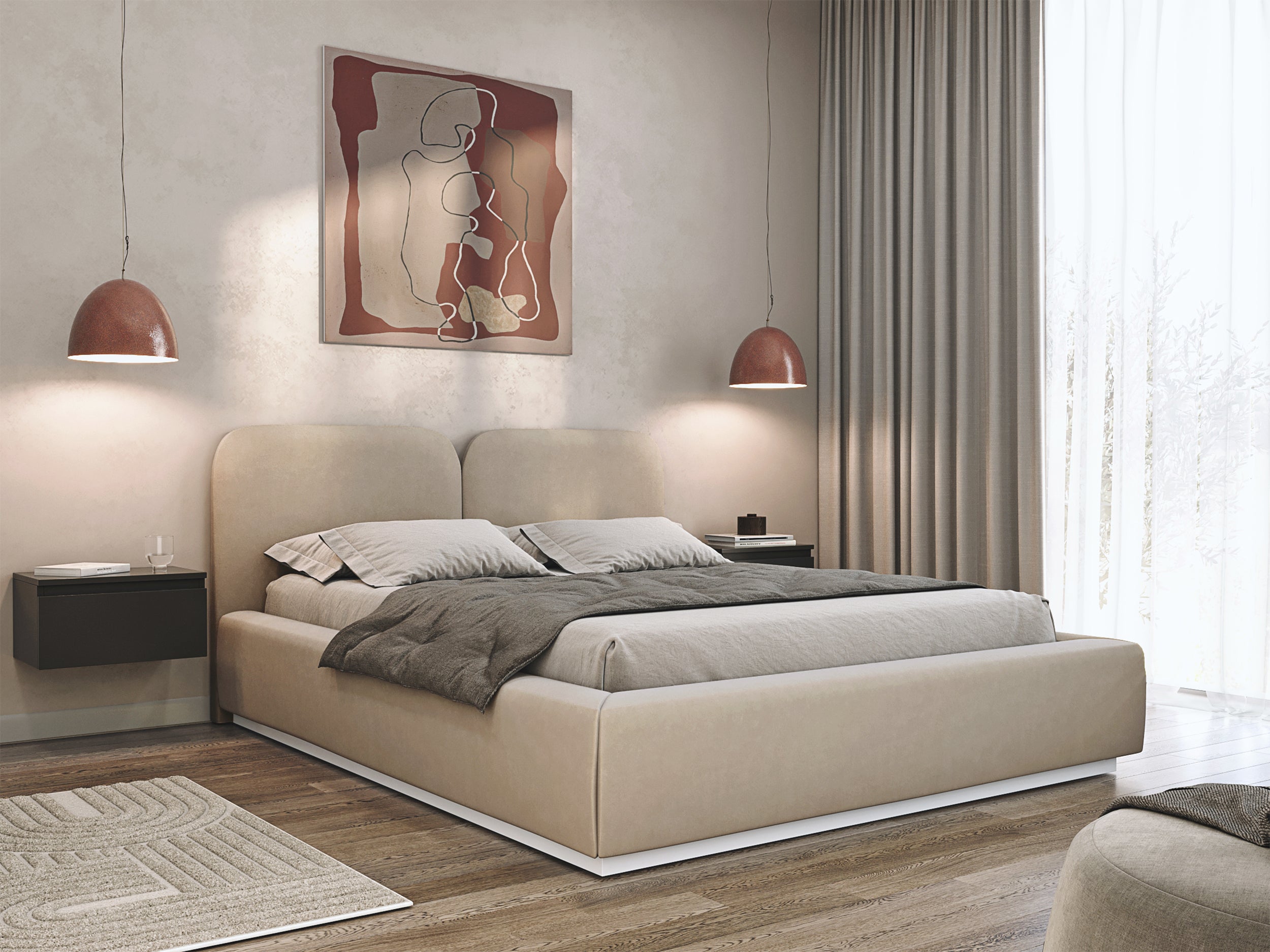 Łóżko tapicerowane 160x200 cm Comoves z pojemnikiem stelaż metalowy jasnobeżowe welur