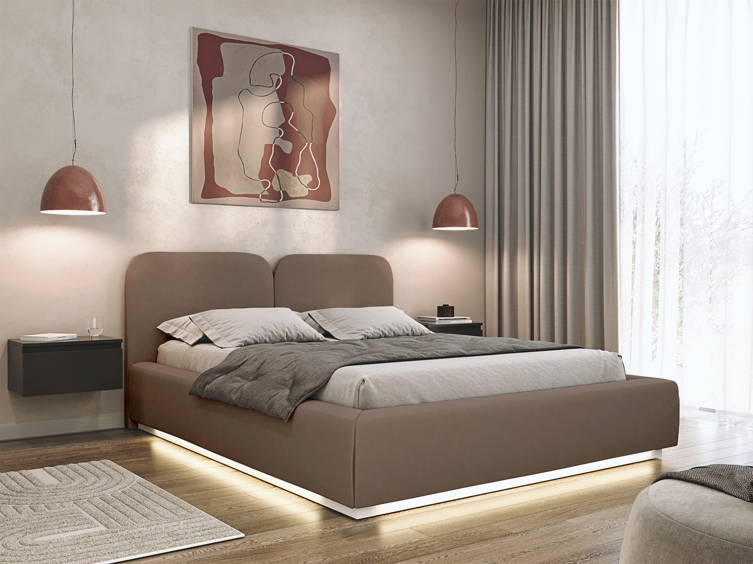 Łóżko tapicerowane 140x200 cm Comoves z pojemnikiem i oświetleniem LED stelaż metalowy brązowe welur