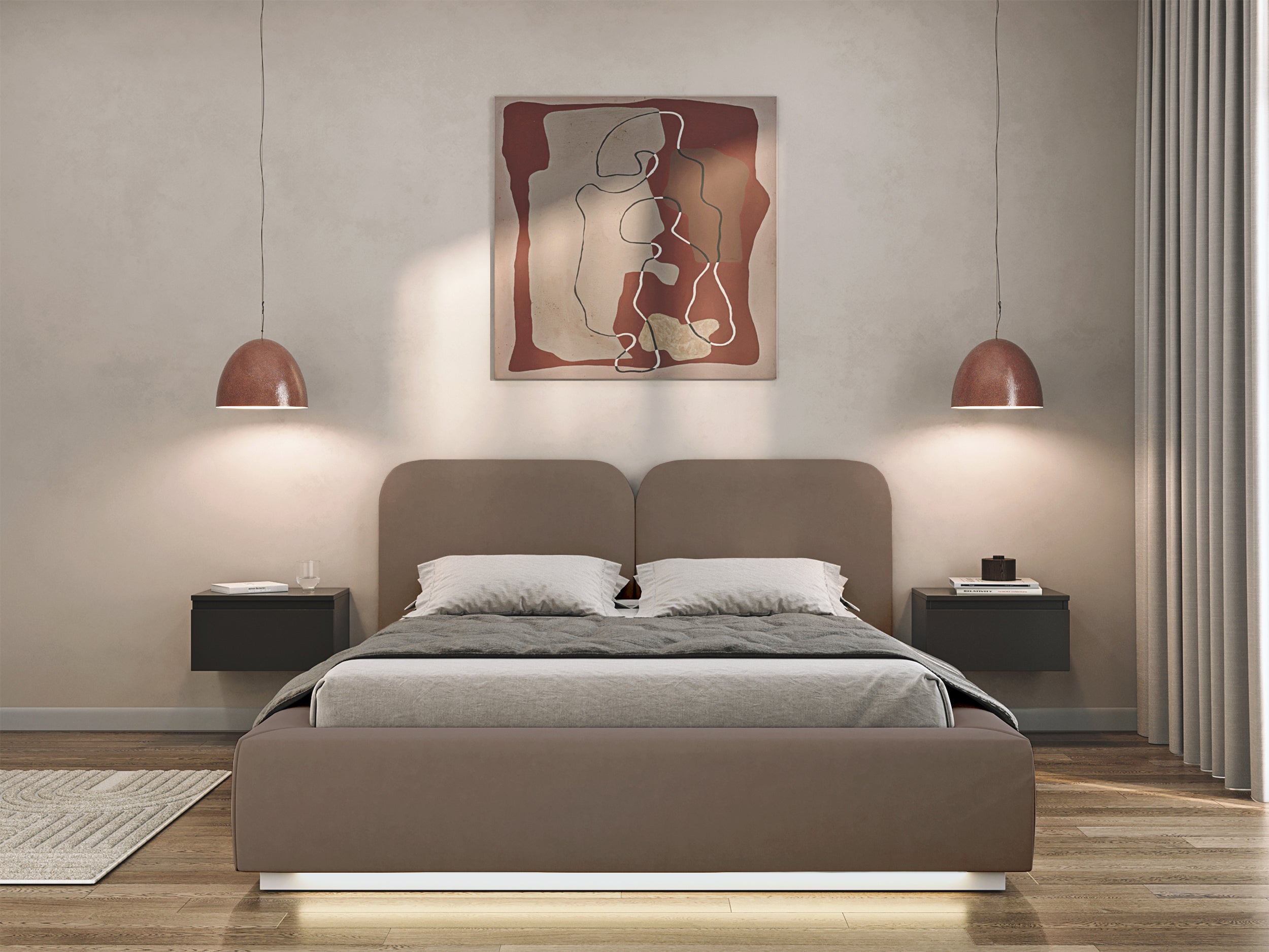 Łóżko tapicerowane 160x200 cm Comoves z pojemnikiem i oświetleniem LED stelaż metalowy brązowe welur