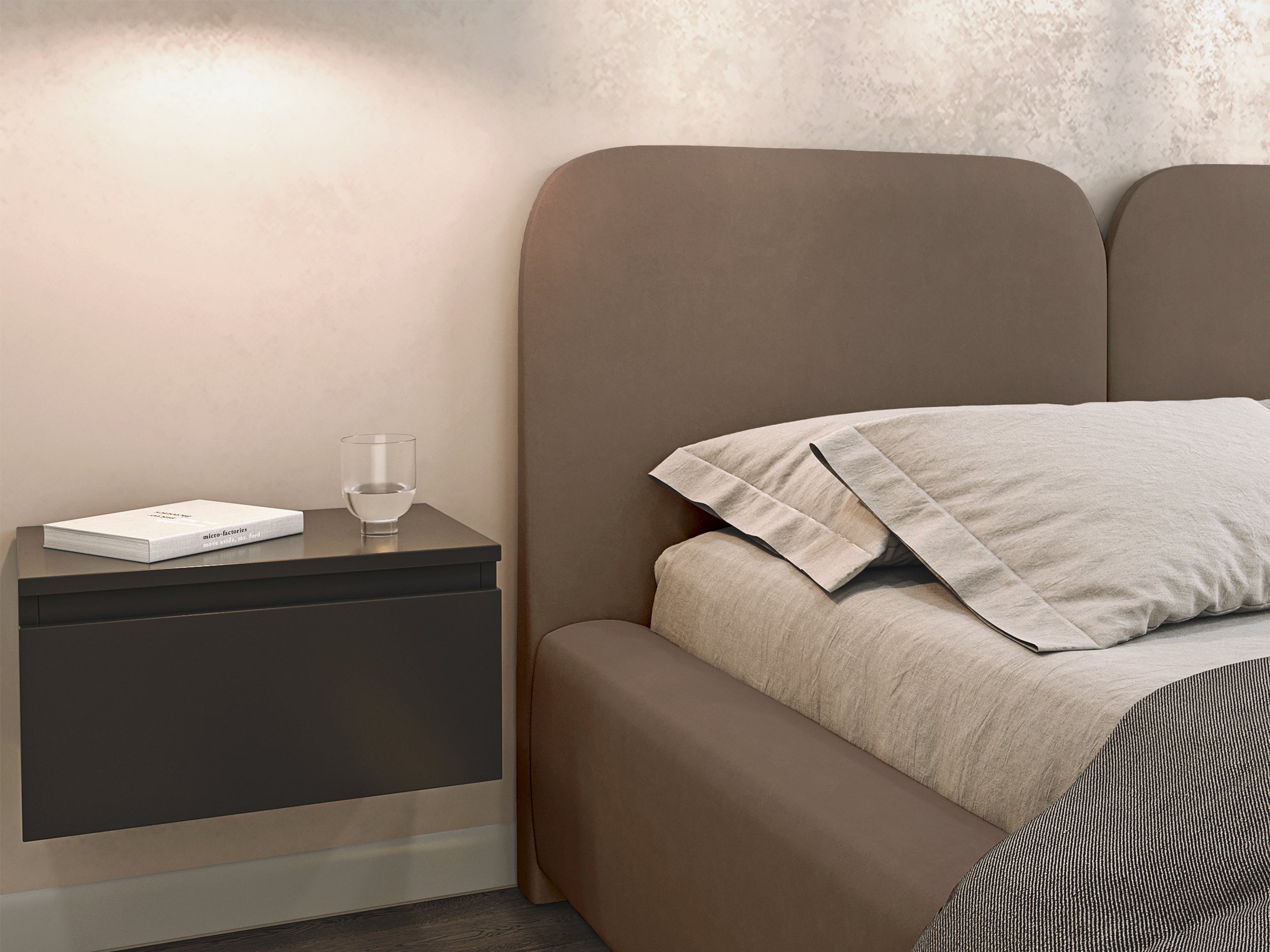 Łóżko tapicerowane 160x200 cm Comoves z pojemnikiem i oświetleniem LED stelaż metalowy brązowe welur