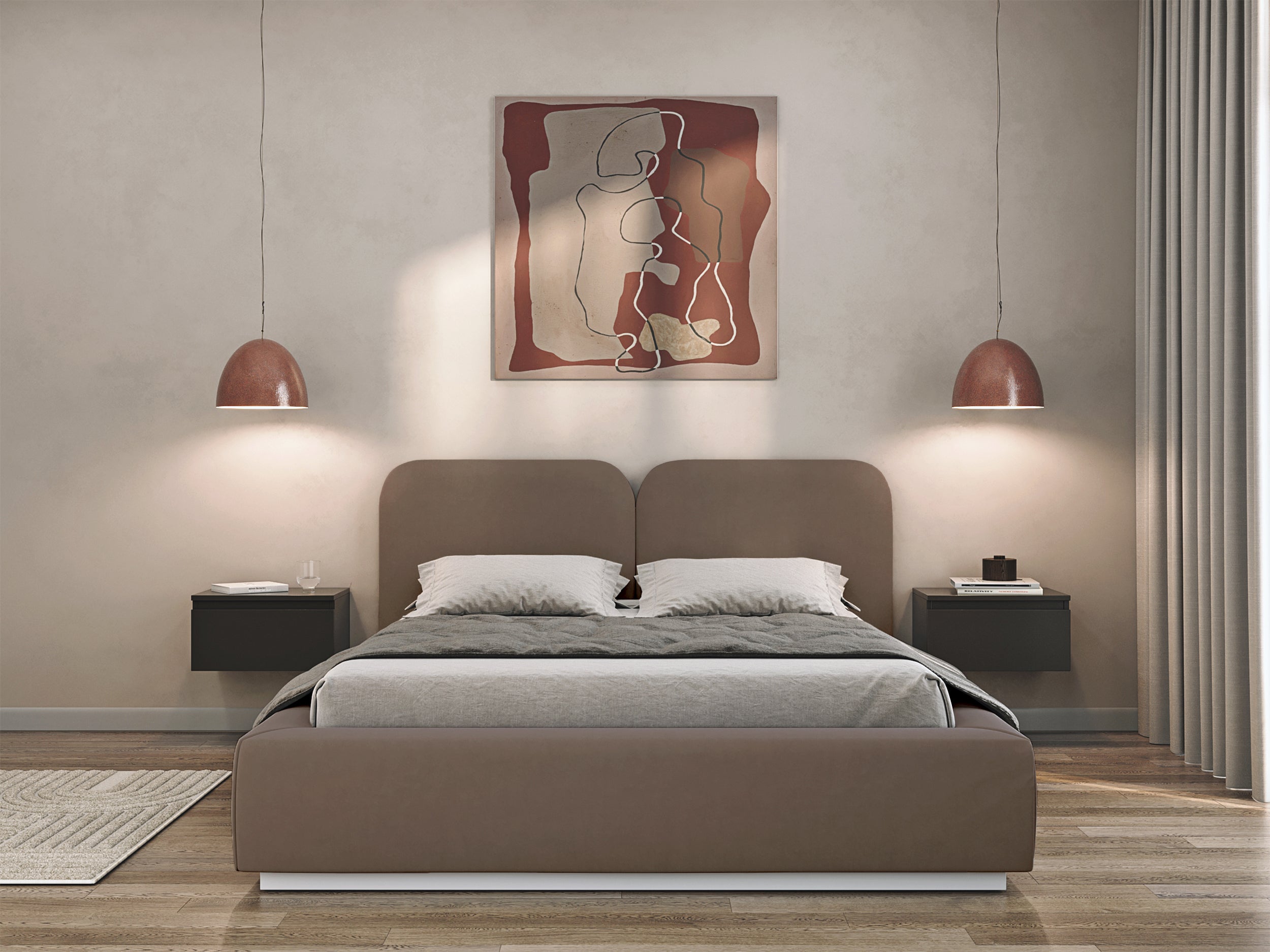 Łóżko tapicerowane 180x200 cm Comoves z pojemnikiem stelaż metalowy brązowe welur