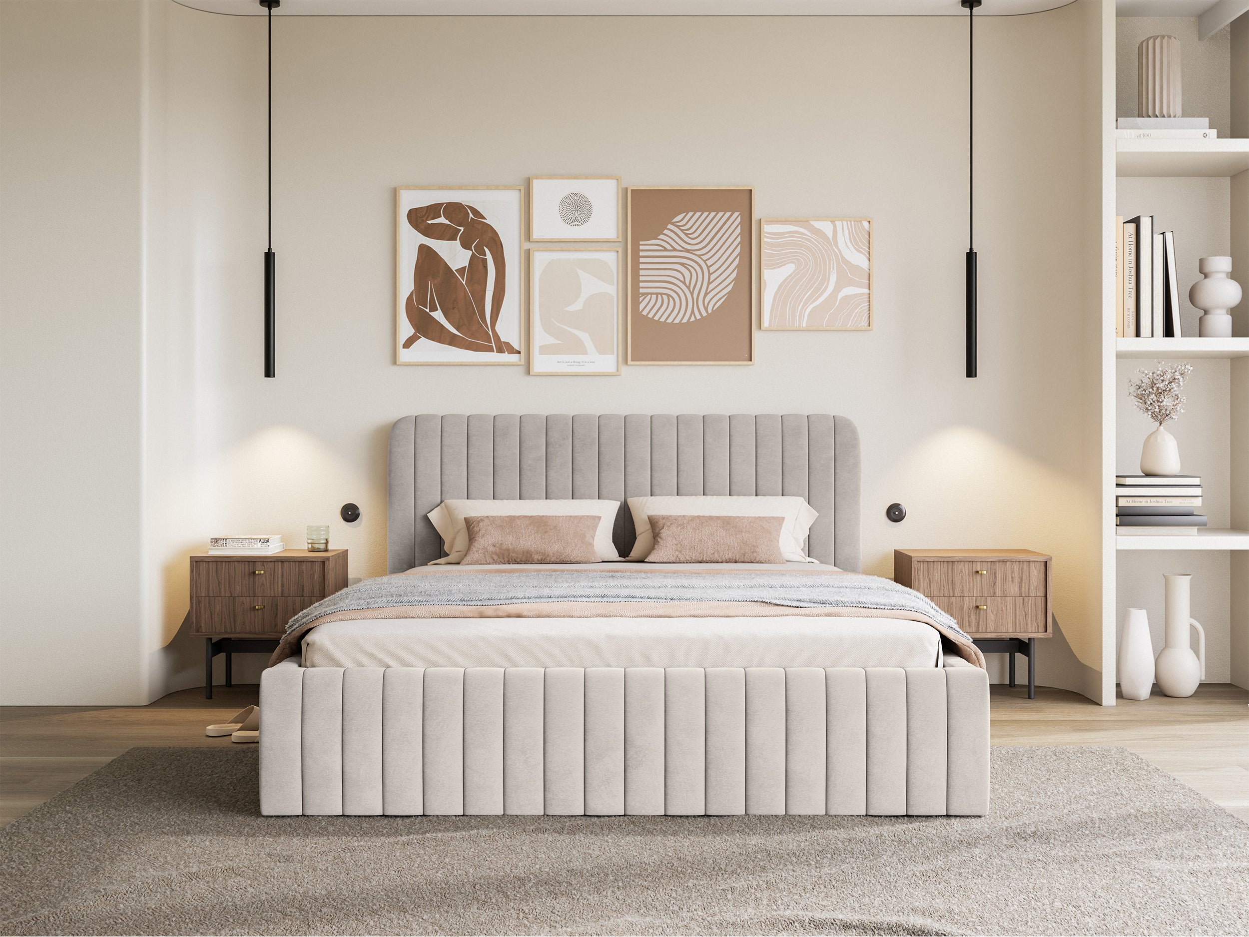 Łóżko tapicerowane 140x200 cm Saliano z pojemnikiem szarobeżowe welur hydrofobowy