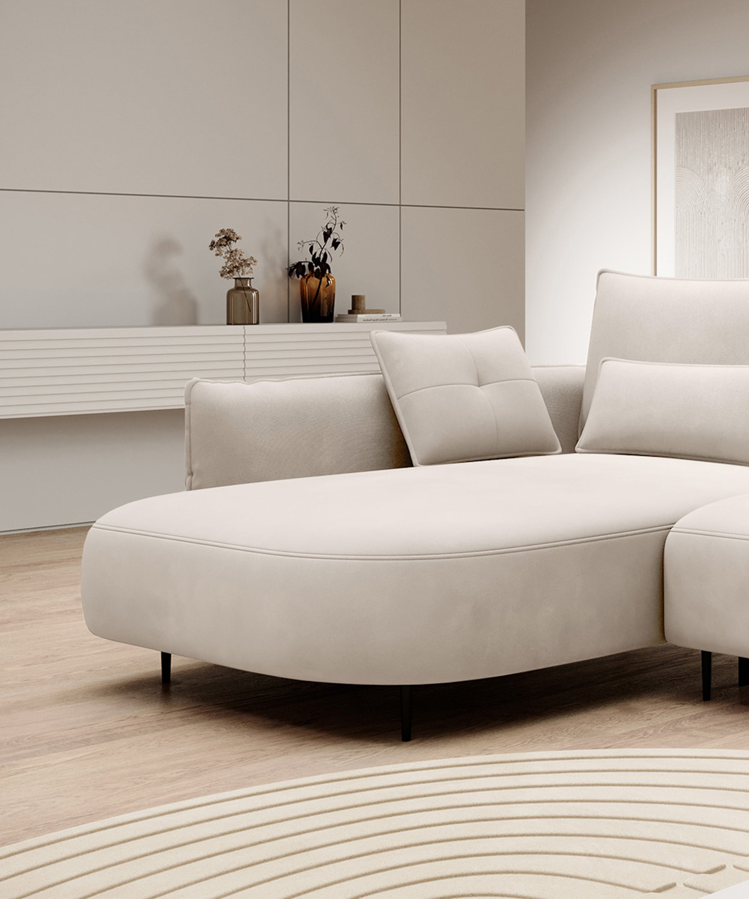 Narożnik Oblivio z funkcją spania L-kształtny z pojemnikiem kremowy velvet lewostronny hydrofobowy