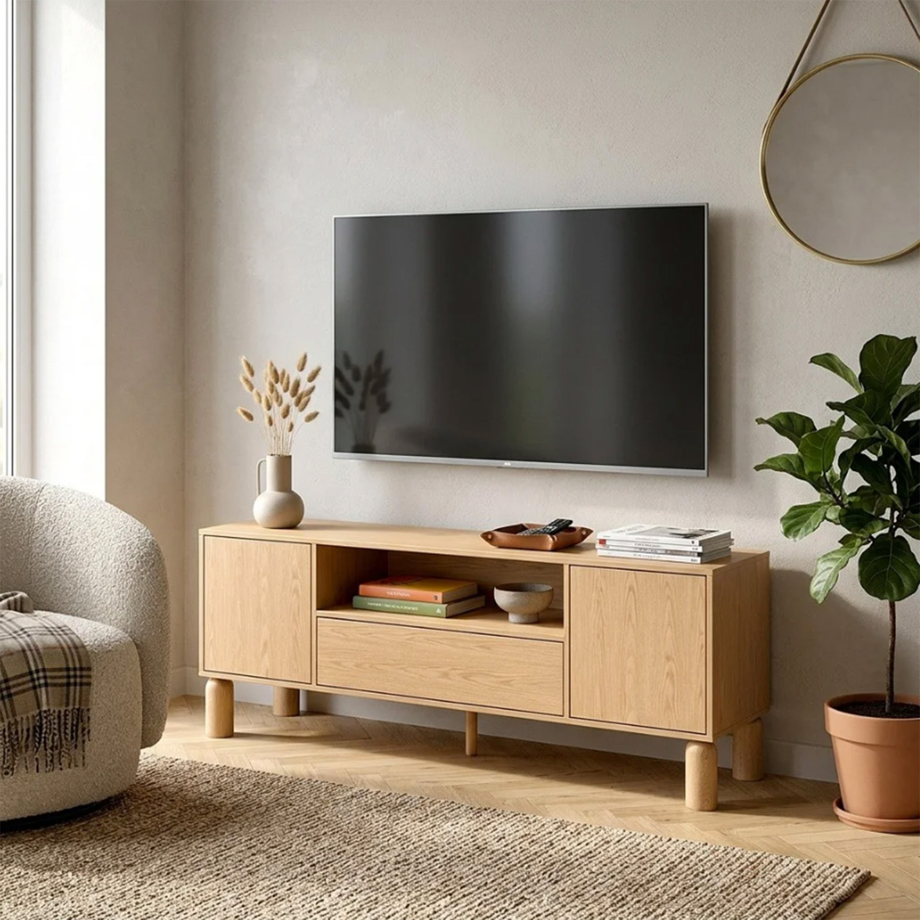 Szafka RTV dwudrzwiowa Sanden z szufladą i wnęką 160 cm dąb bookmatch