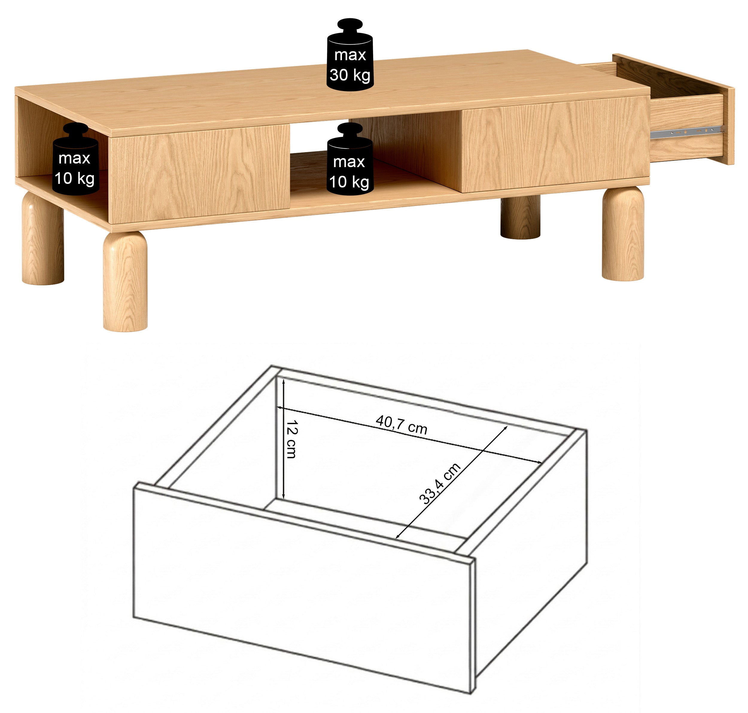 Stolik kawowy Sanden z szufladą 50x110 cm dąb bookmatch