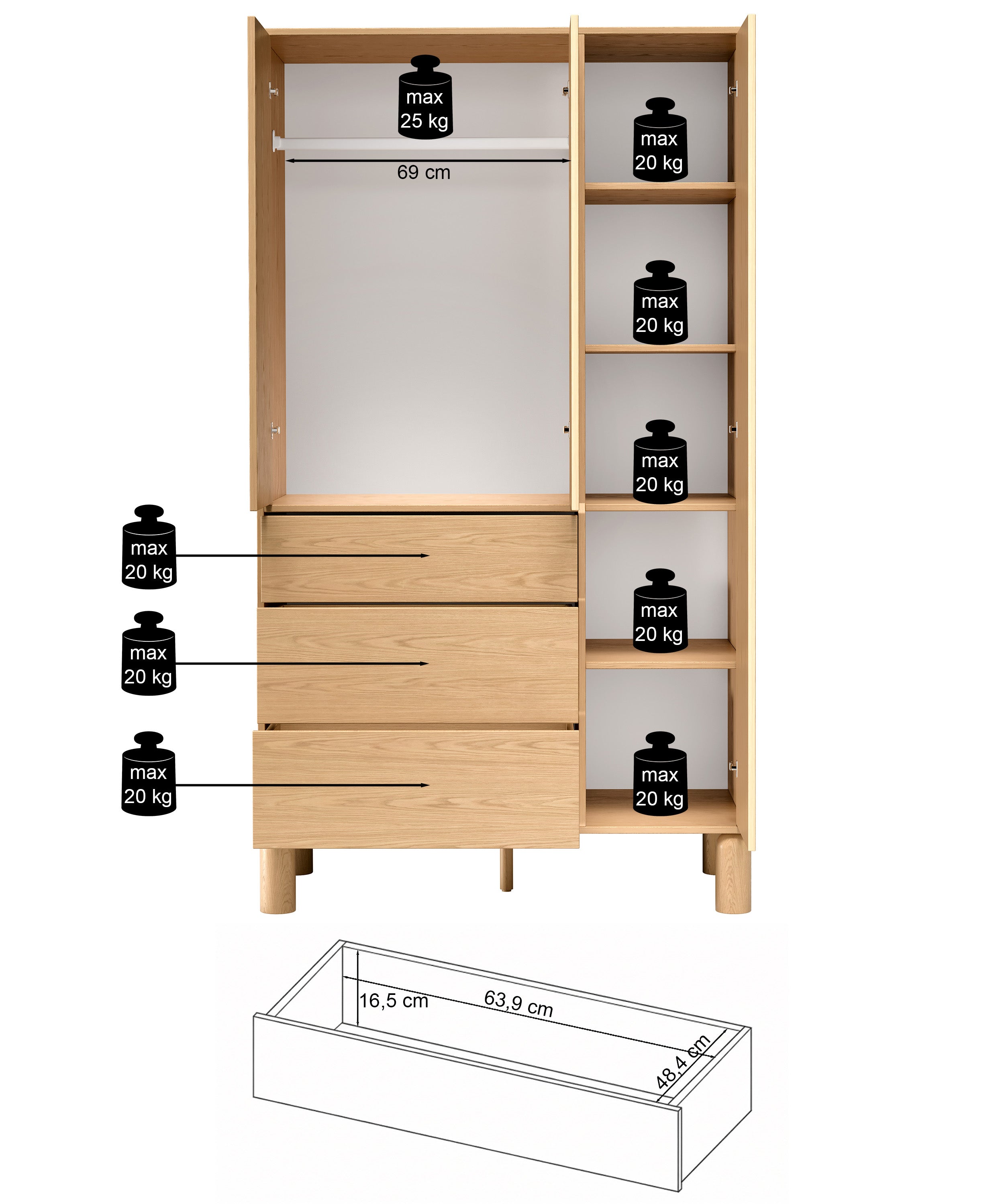 Szafa trzydrzwiowa Sanden z trzema szufladami 110 cm dąb bookmatch