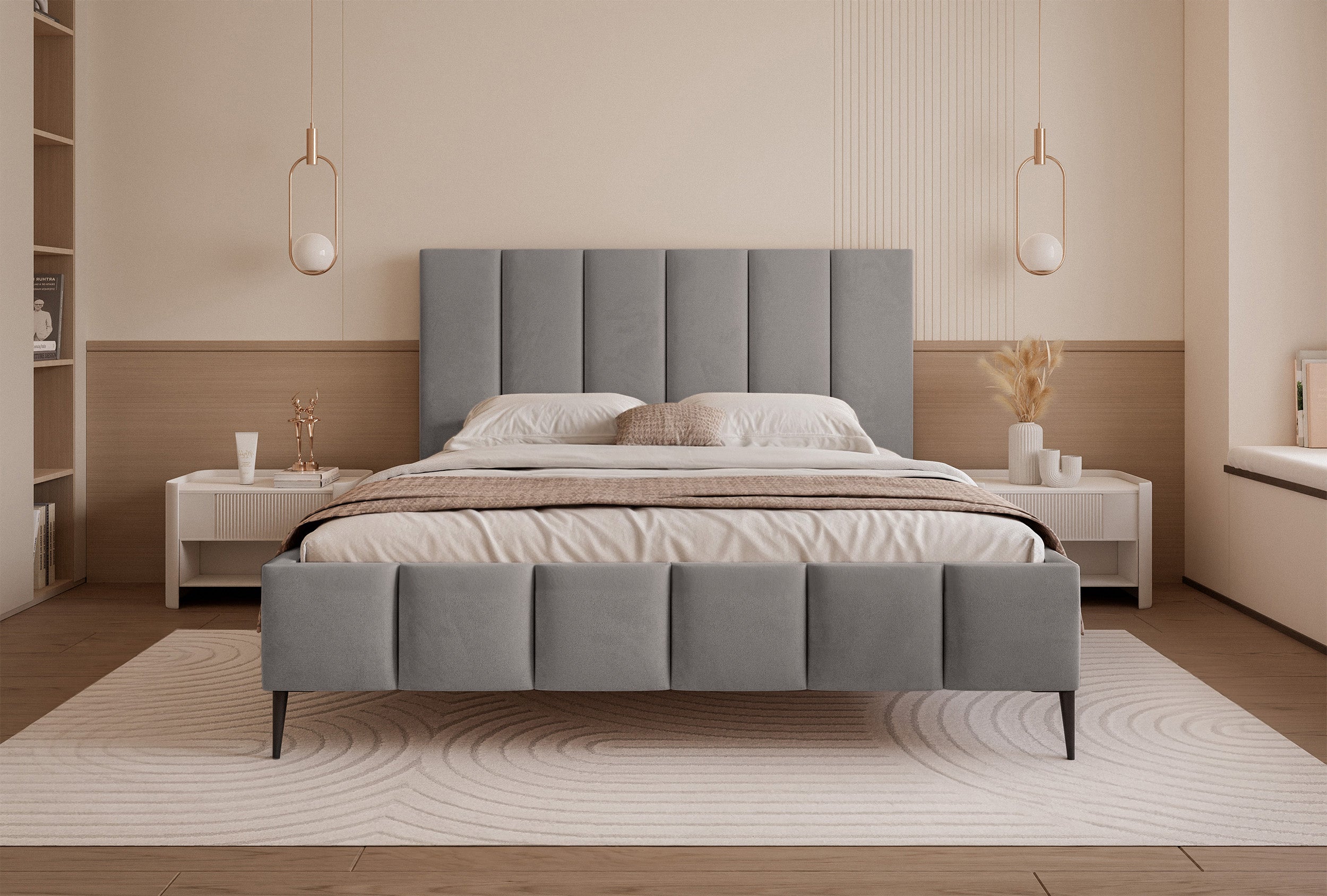 Łóżko tapicerowane 140x200 cm Sarafino z pojemnikiem na pościel jasnoszare welur stelaż metalowy na wysokich nóżkach