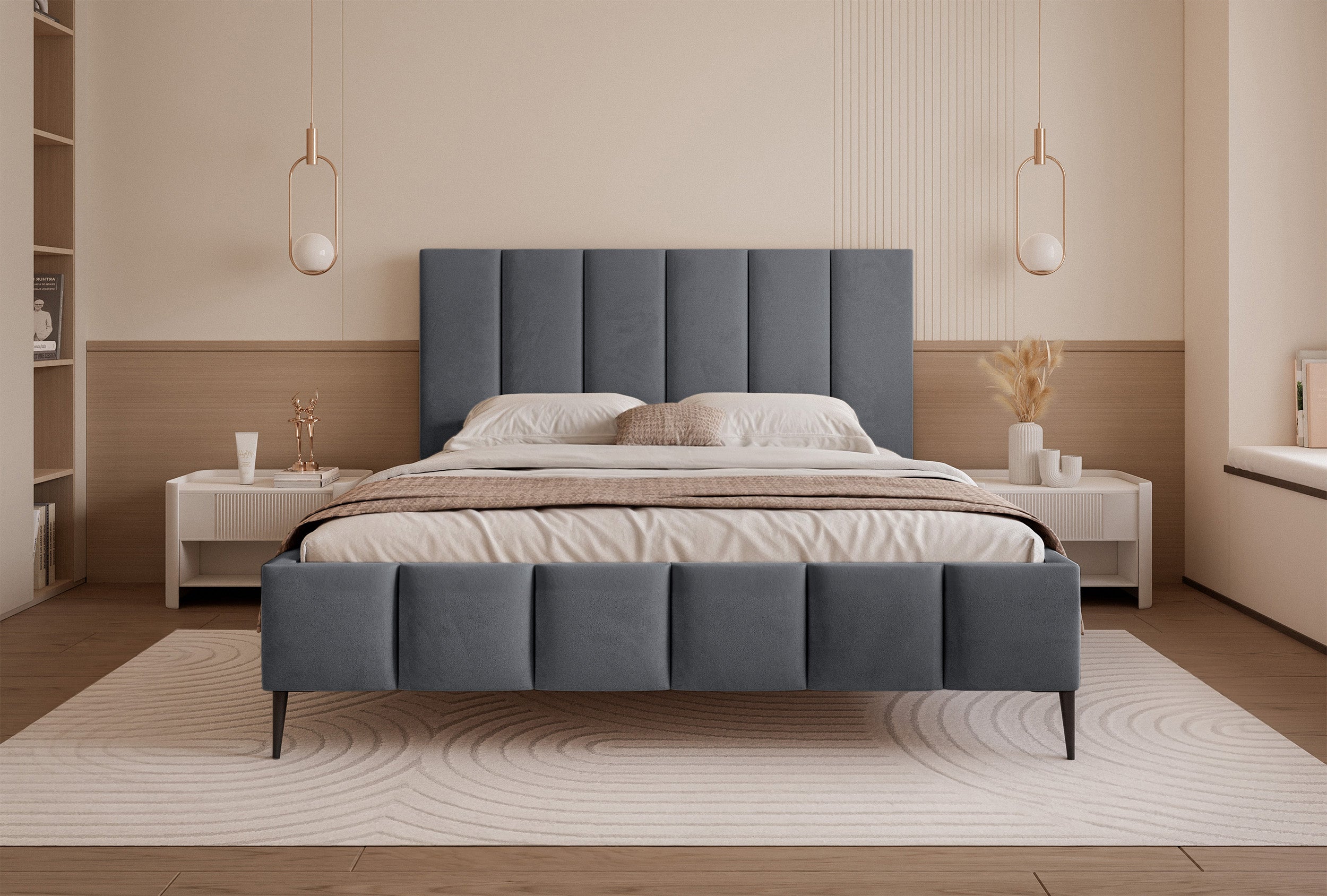 Łóżko tapicerowane 140x200 cm Sarafino z pojemnikiem na pościel ciemnoszare welur stelaż metalowy na wysokich nóżkach