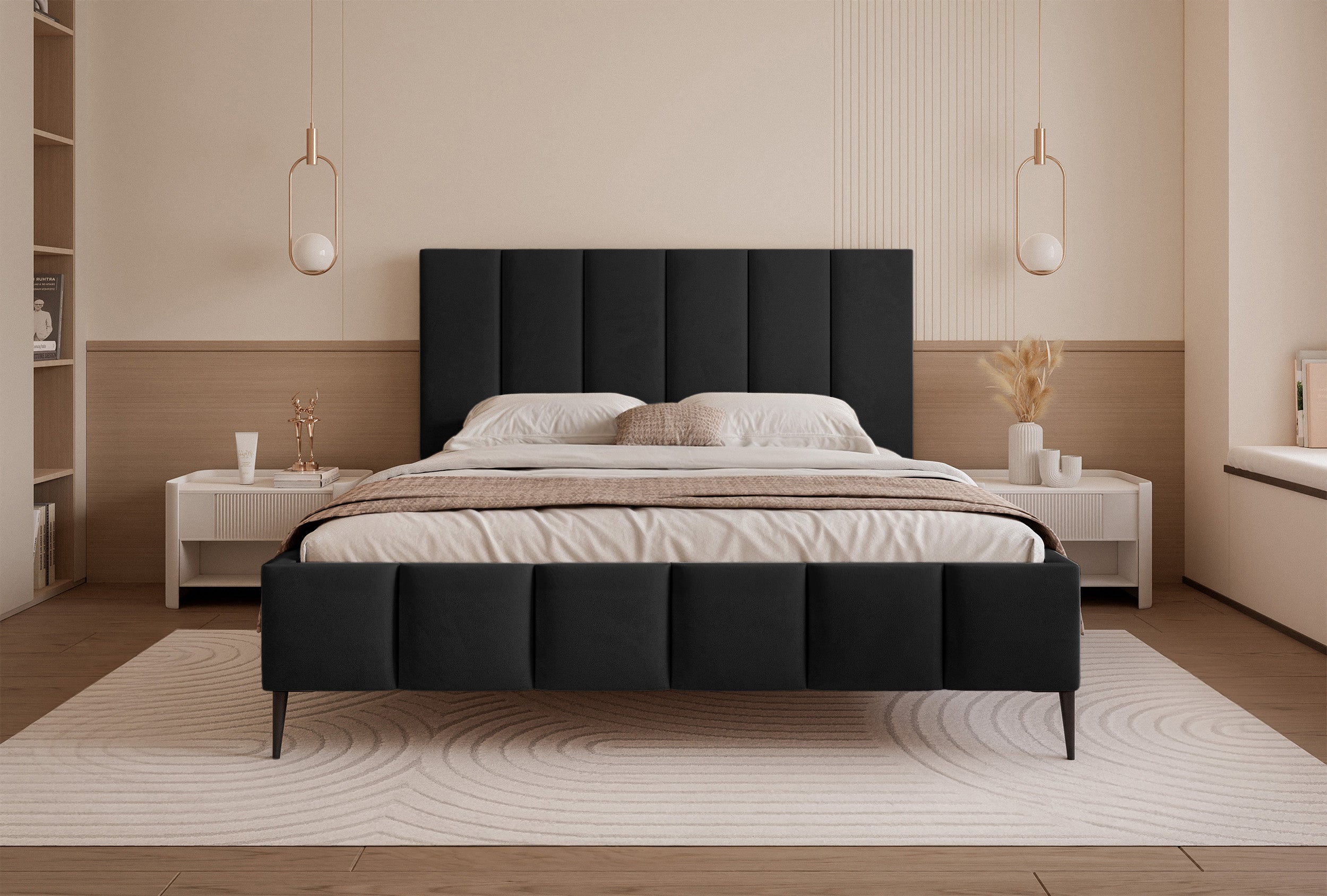 Łóżko tapicerowane 160x200 cm Sarafino z pojemnikiem na pościel czarne welur stelaż metalowy na wysokich nóżkach