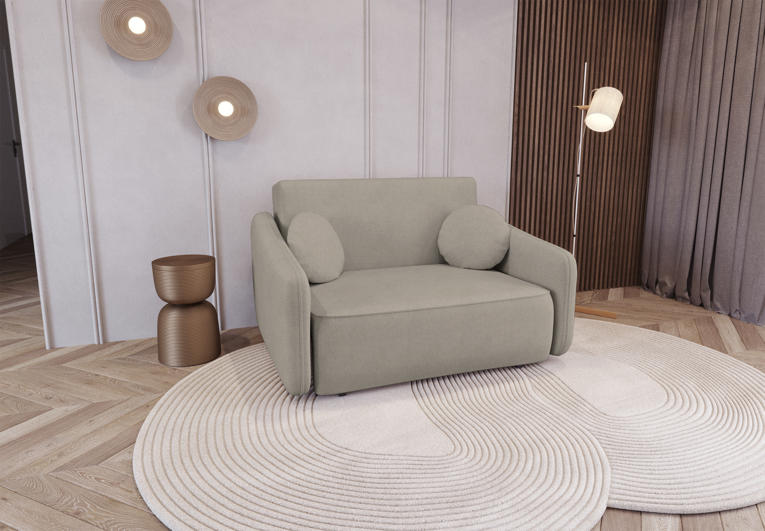 Kanapa rozkładana dwuosobowa Sarreo z pojemnikiem szarobeżowa plecionka