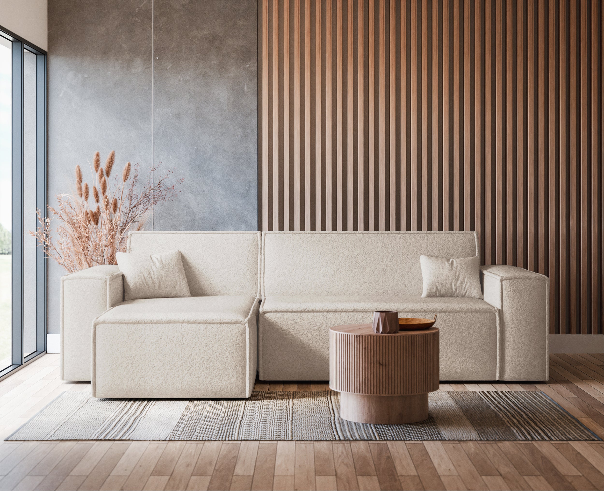 Narożnik z funkcją spania Scarlo L-kształtny uniwersalny z pojemnikiem kremowy boucle