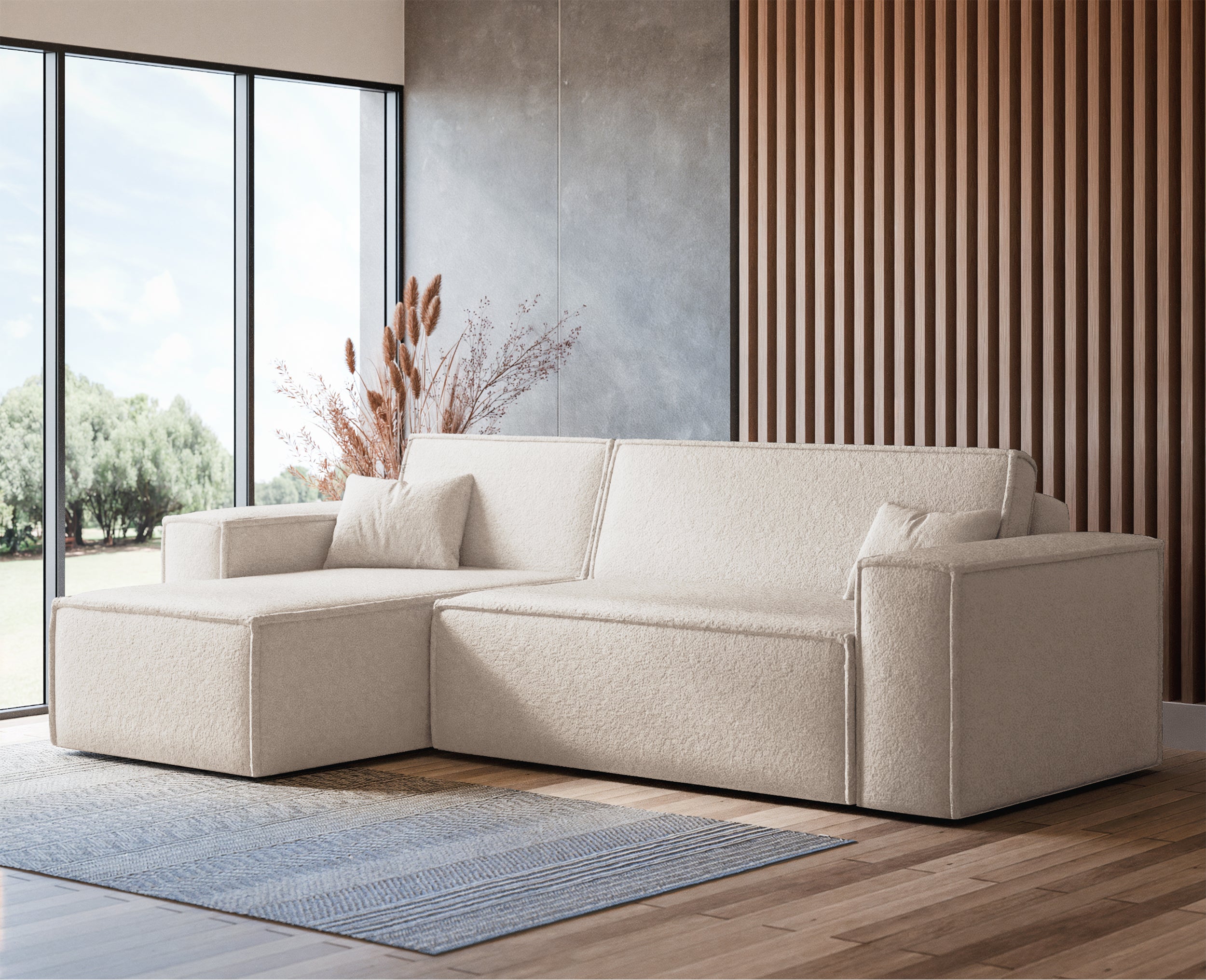 Narożnik z funkcją spania Scarlo L-kształtny uniwersalny z pojemnikiem kremowy boucle