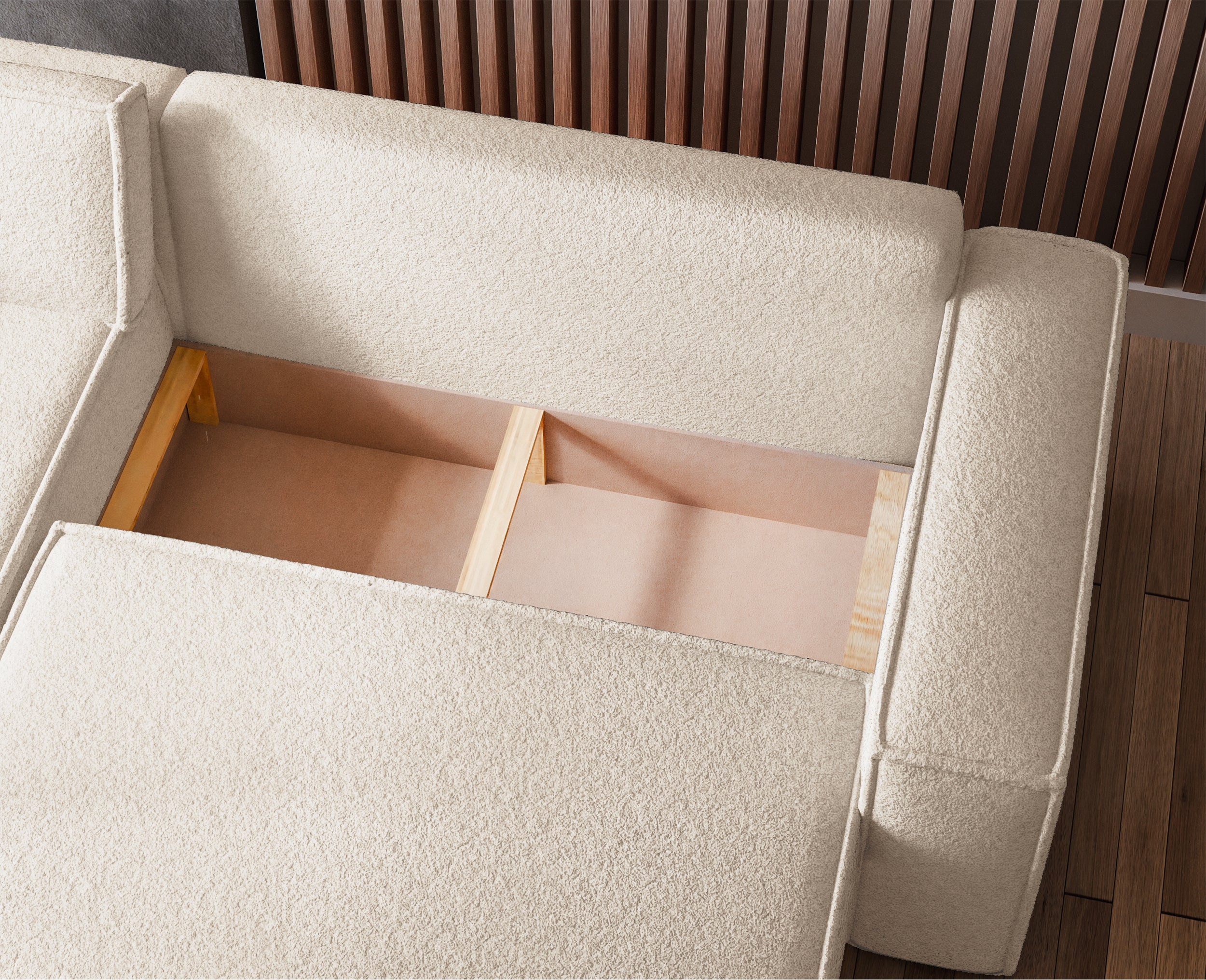 Narożnik z funkcją spania Scarlo L-kształtny uniwersalny z pojemnikiem kremowy boucle