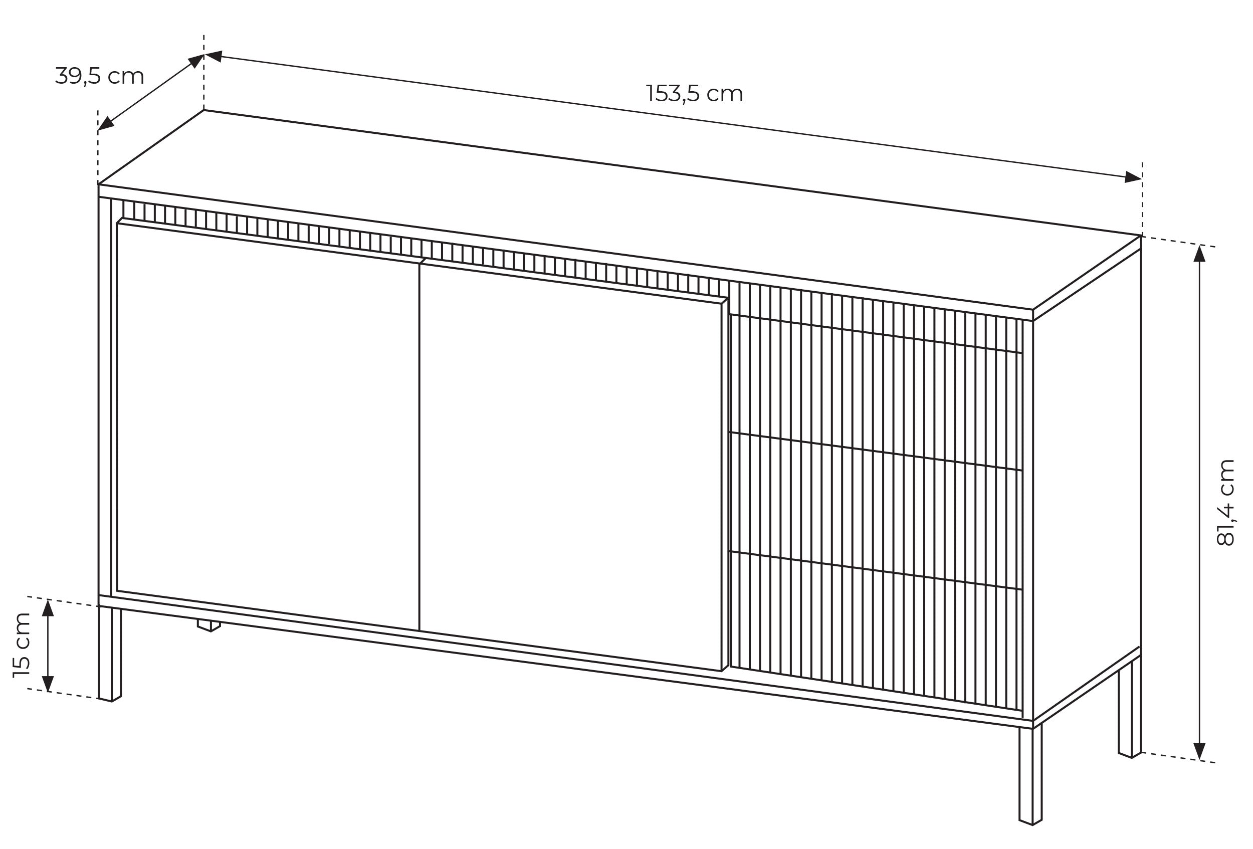 Komoda dwudrzwiowa Falsetto z ryflowanymi frontami i trzema szufladami 154 cm czarna