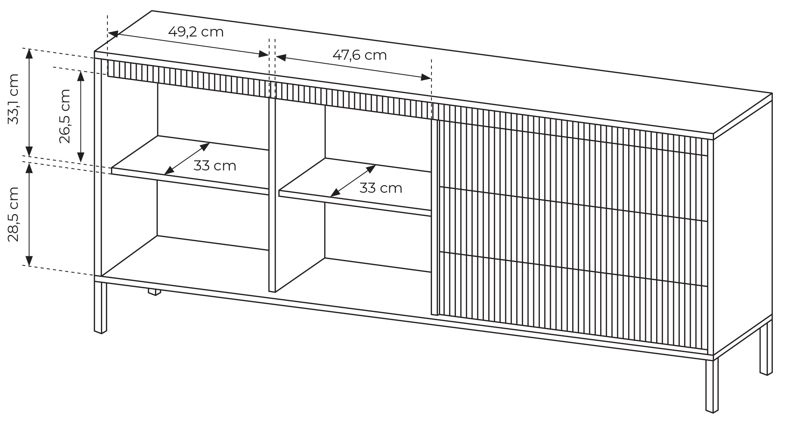 Komoda dwudrzwiowa Falsetto z ryflowanymi frontami i trzema szufladami 187 cm czarna