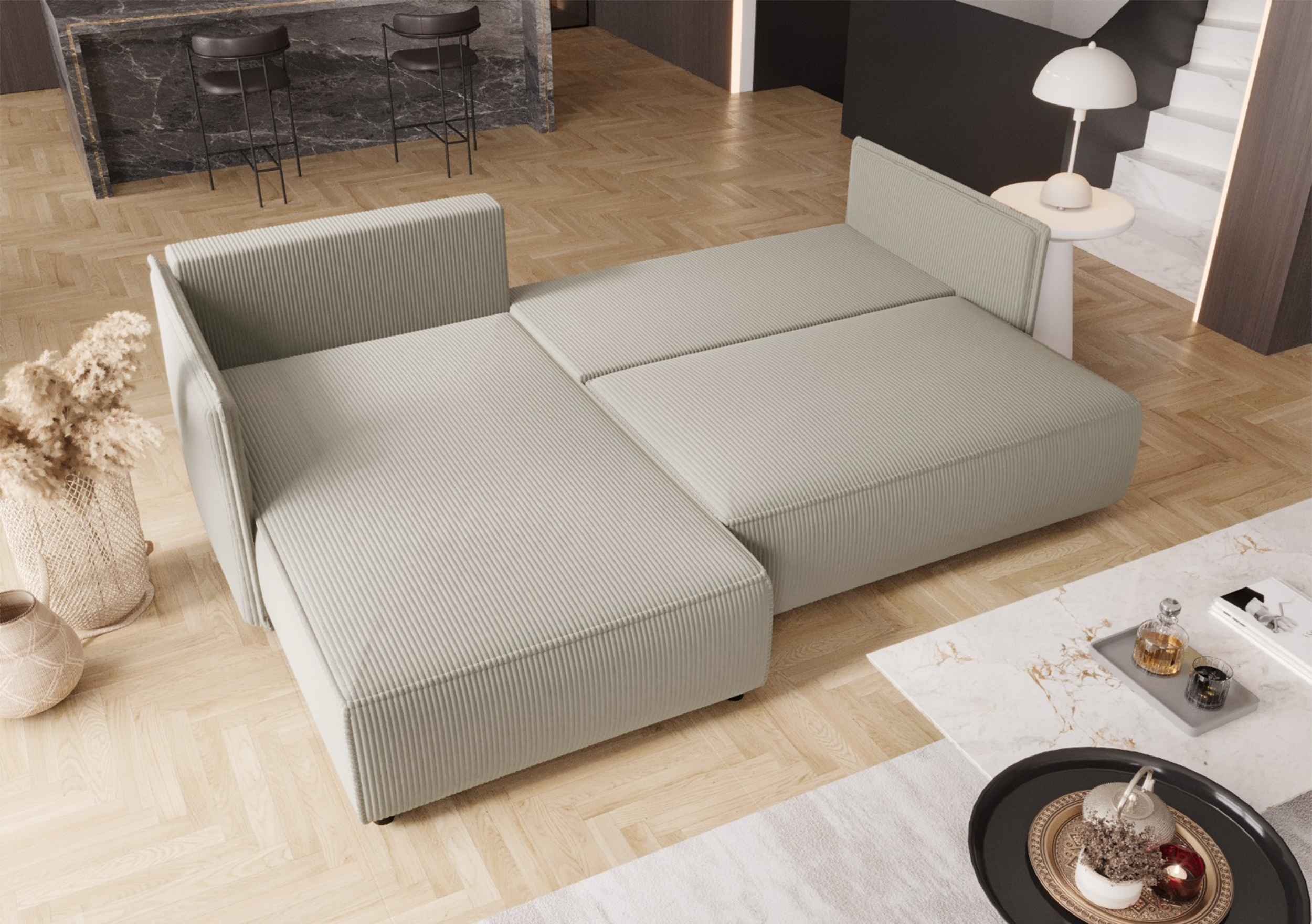 Narożnik z funkcją spania Serelto L-kształtny lewostronny z pojemnikiem szarobeżowy sztruks