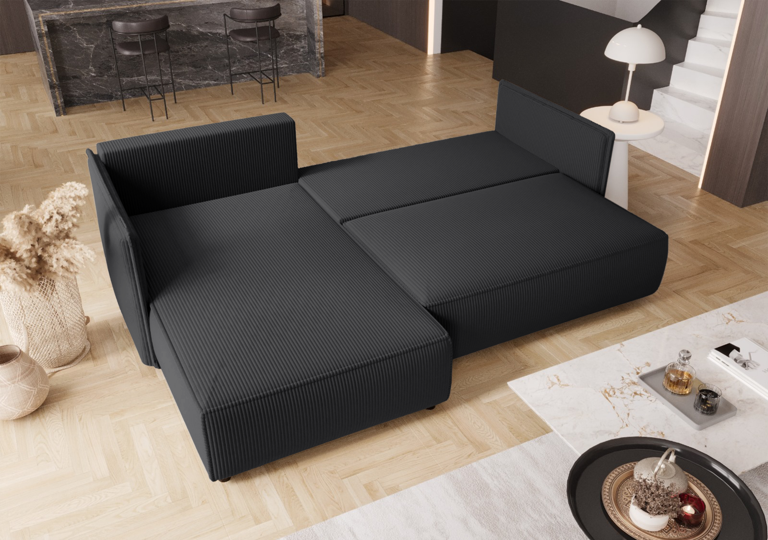 Narożnik z funkcją spania Serelto L-kształtny lewostronny z pojemnikiem ciemnoszary sztruks