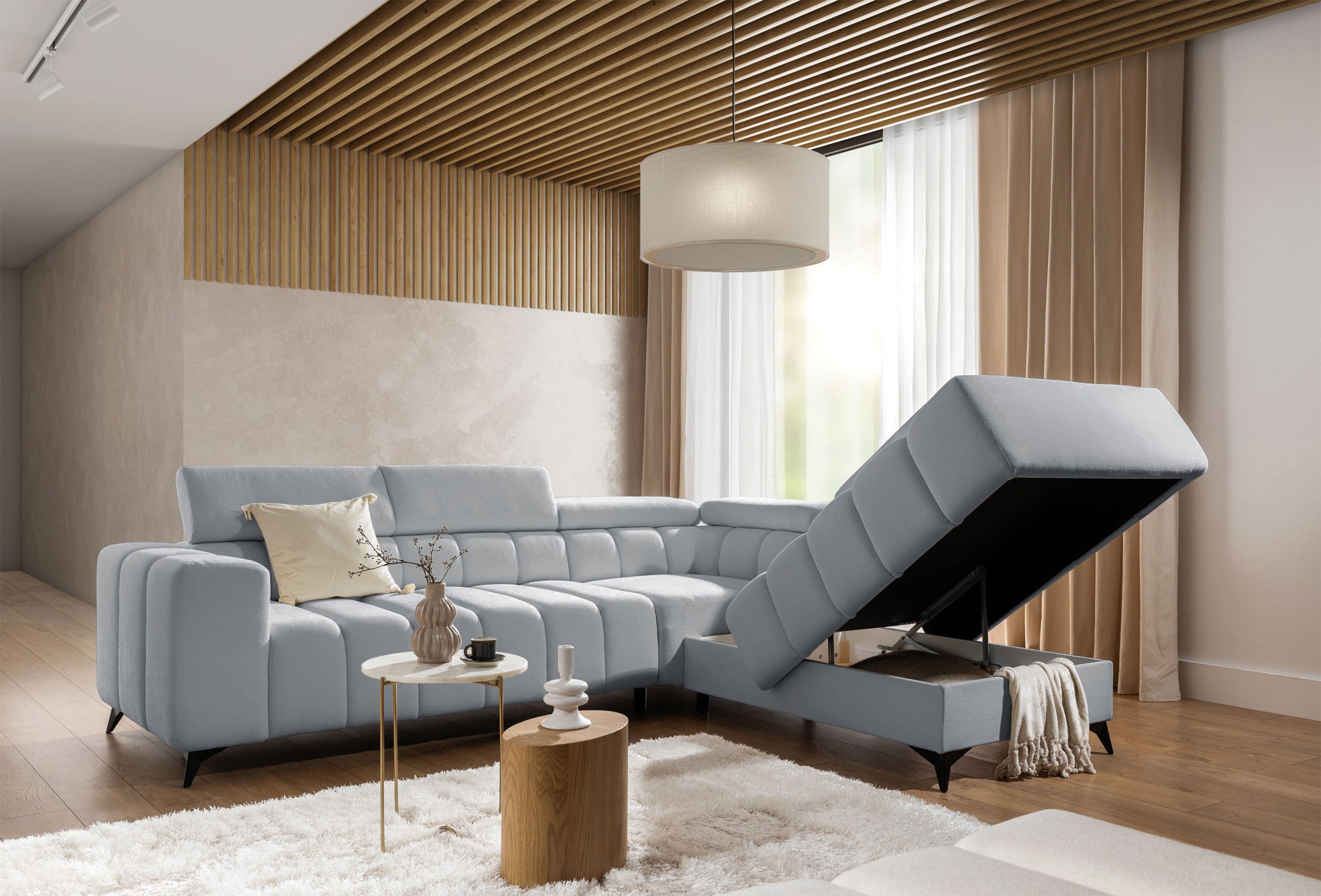 Narożnik z funkcją spania Ragussino L-kształtny z boczkiem i regulowanymi zagłówkami szary szenil prawostronny