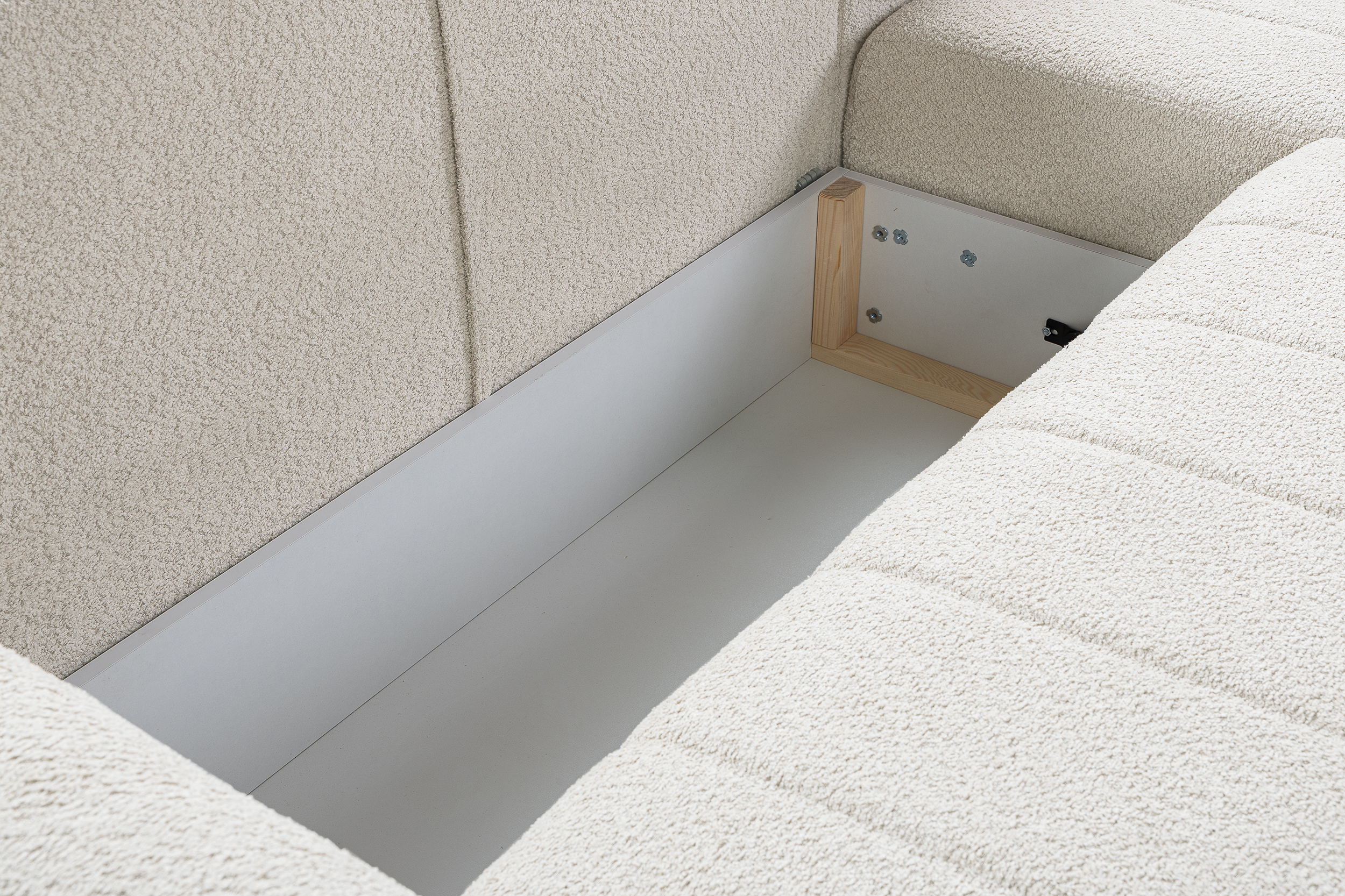 Narożnik z funkcją spania Sigaru L-kształtny uniwersalny z pojemnikiem kremowy boucle