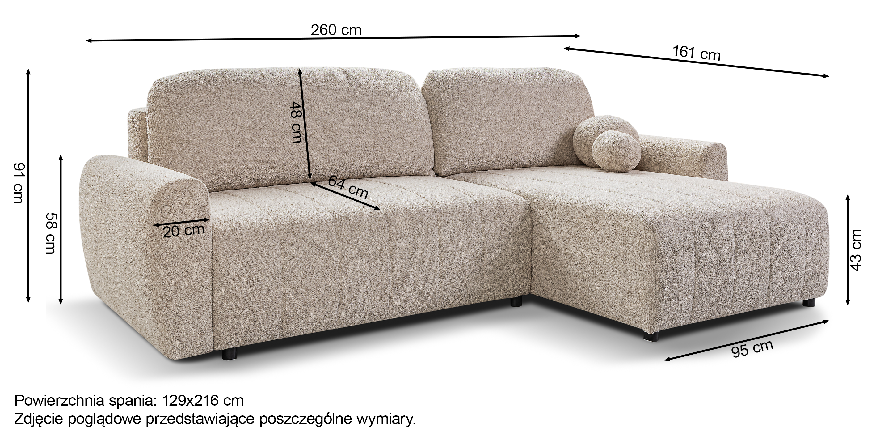 Narożnik z funkcją spania Sigaru L-kształtny uniwersalny z pojemnikiem kremowy boucle