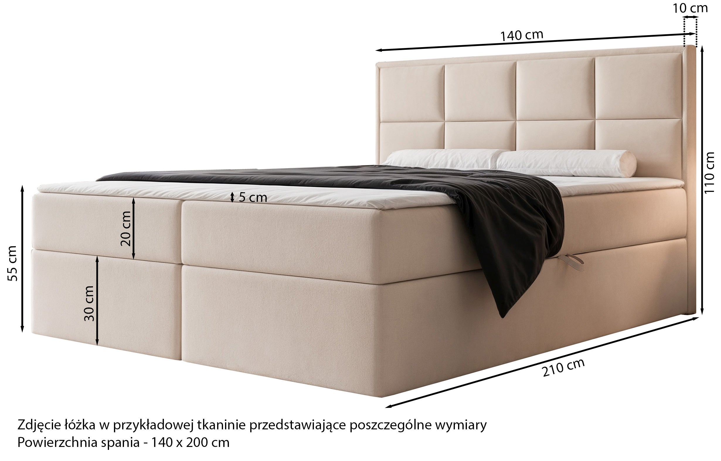 Łóżko kontynentalne 140x200 cm Silensio z materacem bonellowym i topperem beżowe welur hydrofobowy