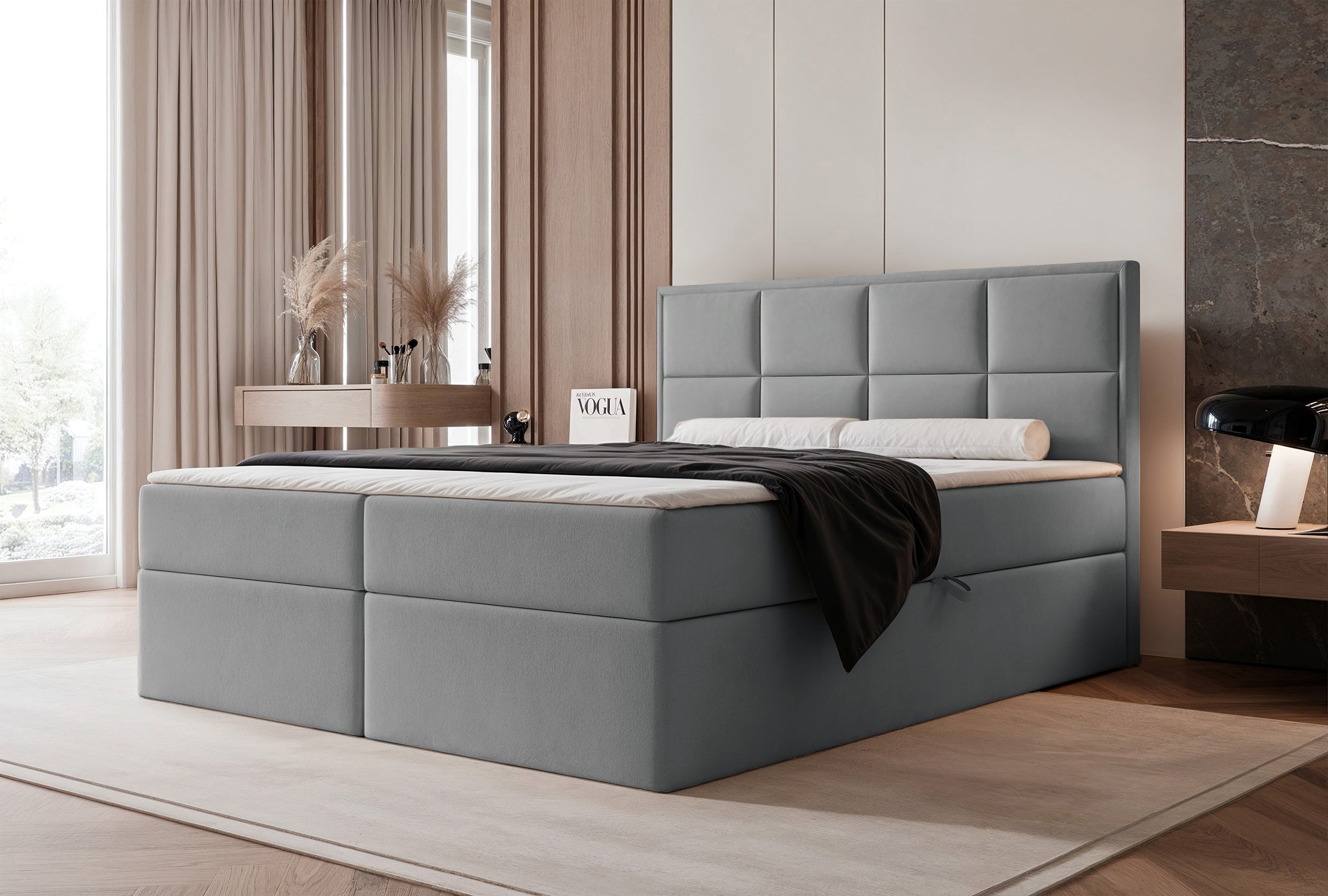 Łóżko kontynentalne 160x200 cm Silensio z materacem bonellowym i topperem szare welur hydrofobowy