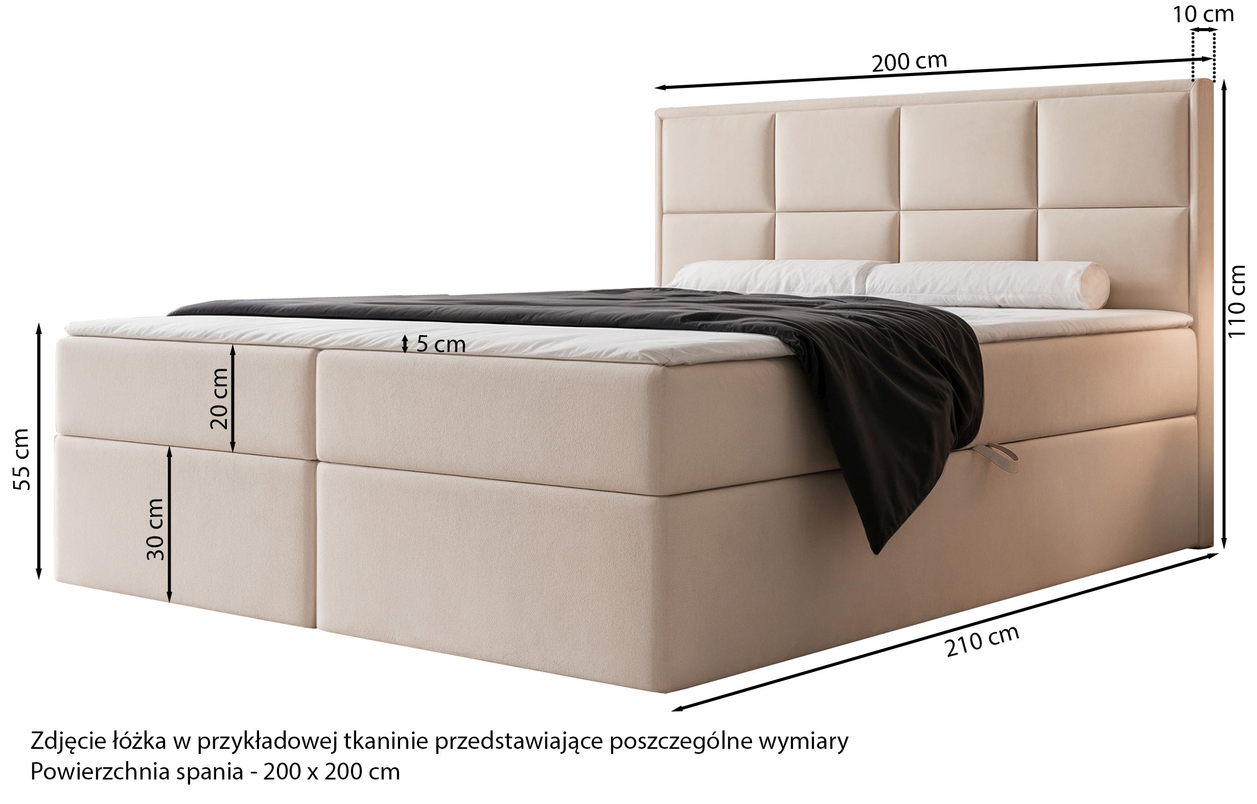 Łóżko kontynentalne 200x200 cm Silensio z materacem bonellowym i topperem beżowe welur hydrofobowy