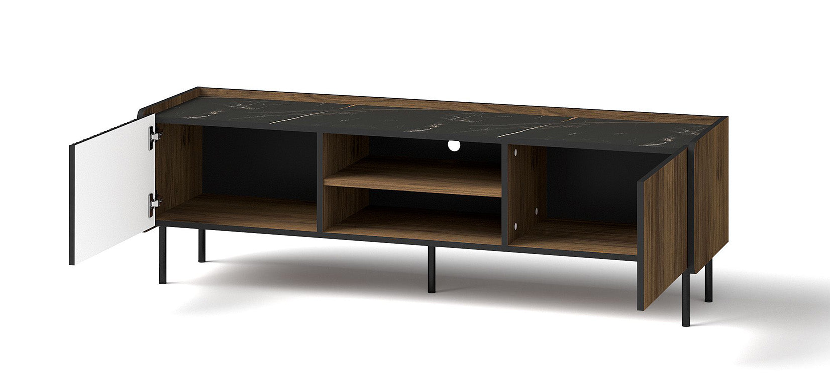Szafka RTV dwudrzwiowa Prestigo z ryflami i półką 150 cm orzech warmia/czarny/san sebastian