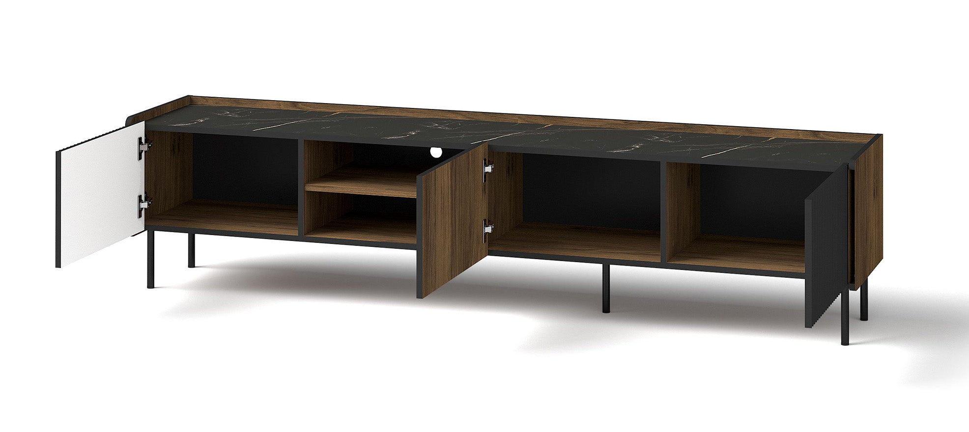 Szafka RTV trzydrzwiowa Prestigo z ryflami i półką 200 cm orzech warmia/czarny/san sebastian
