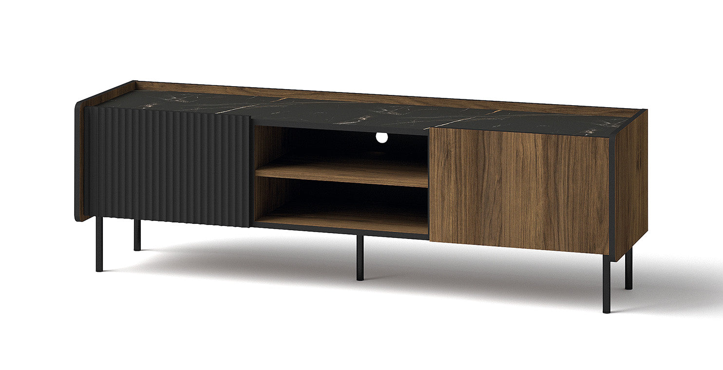 Szafka RTV dwudrzwiowa Prestigo z ryflami i półką 150 cm orzech warmia/czarny/san sebastian