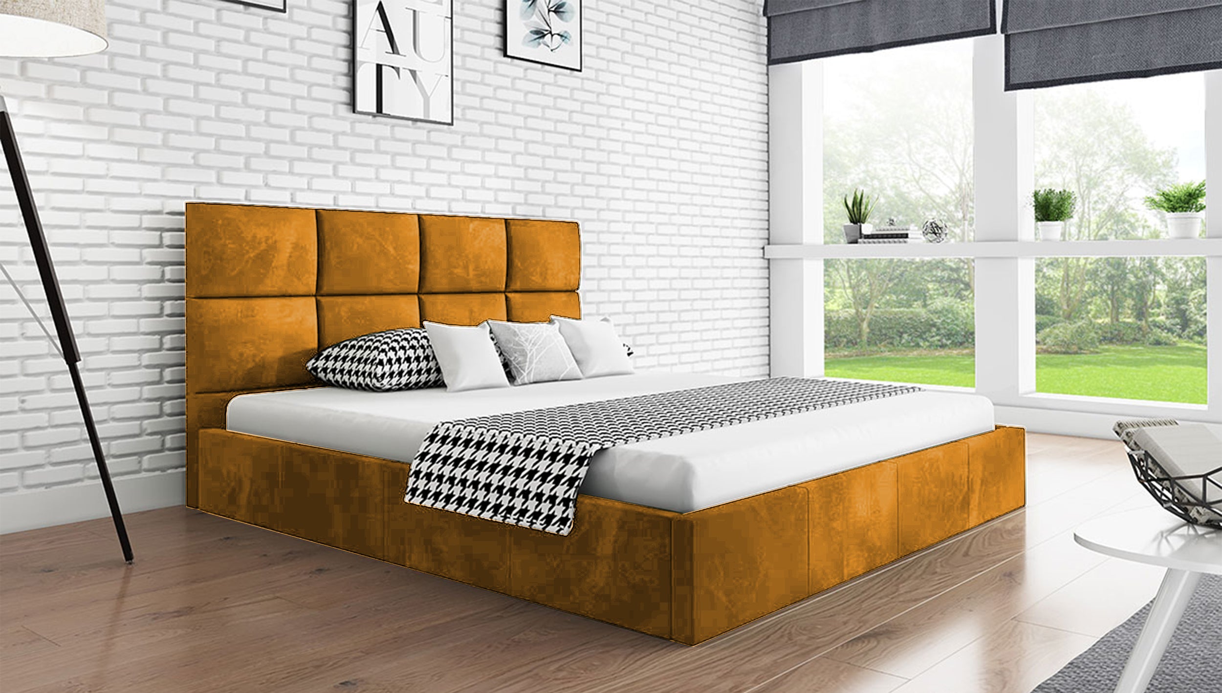 Łóżko tapicerowane 160x200 cm Bellaris z pojemnikiem i poziomymi panelami na wezgłowiu musztardowe