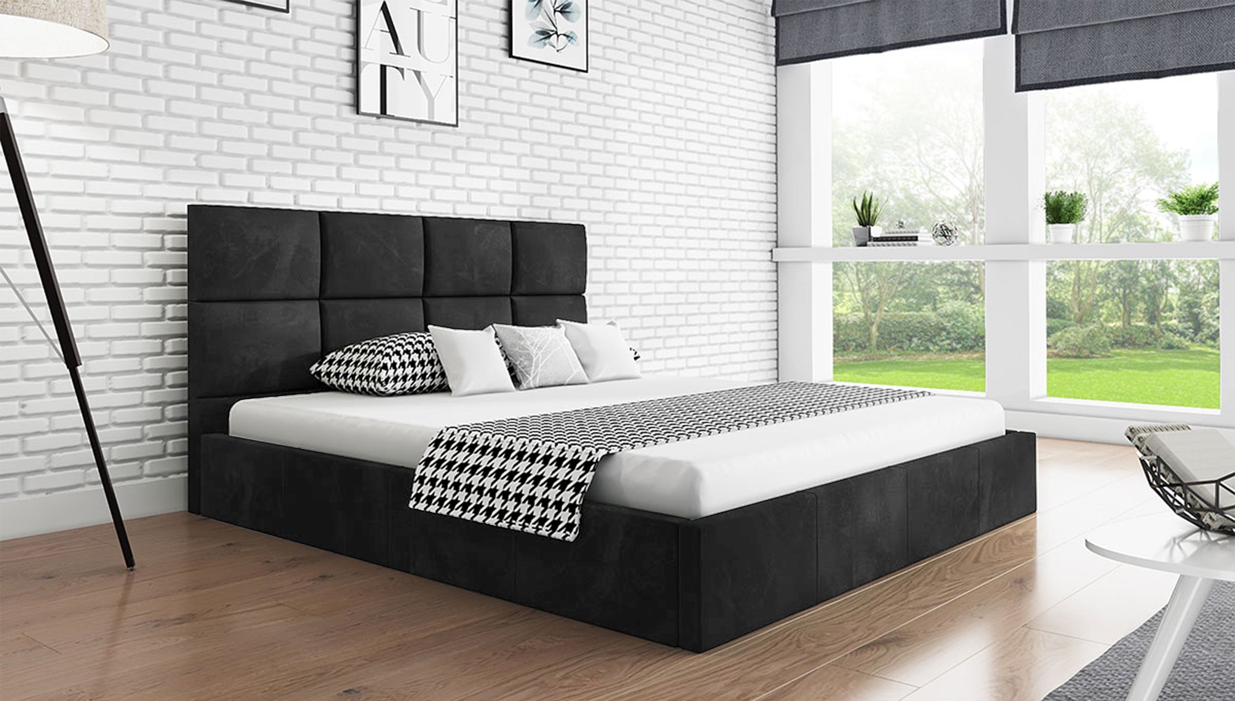 Łóżko tapicerowane 140x200 cm Bellaris z pojemnikiem i poziomymi panelami na wezgłowiu ciemnoszare
