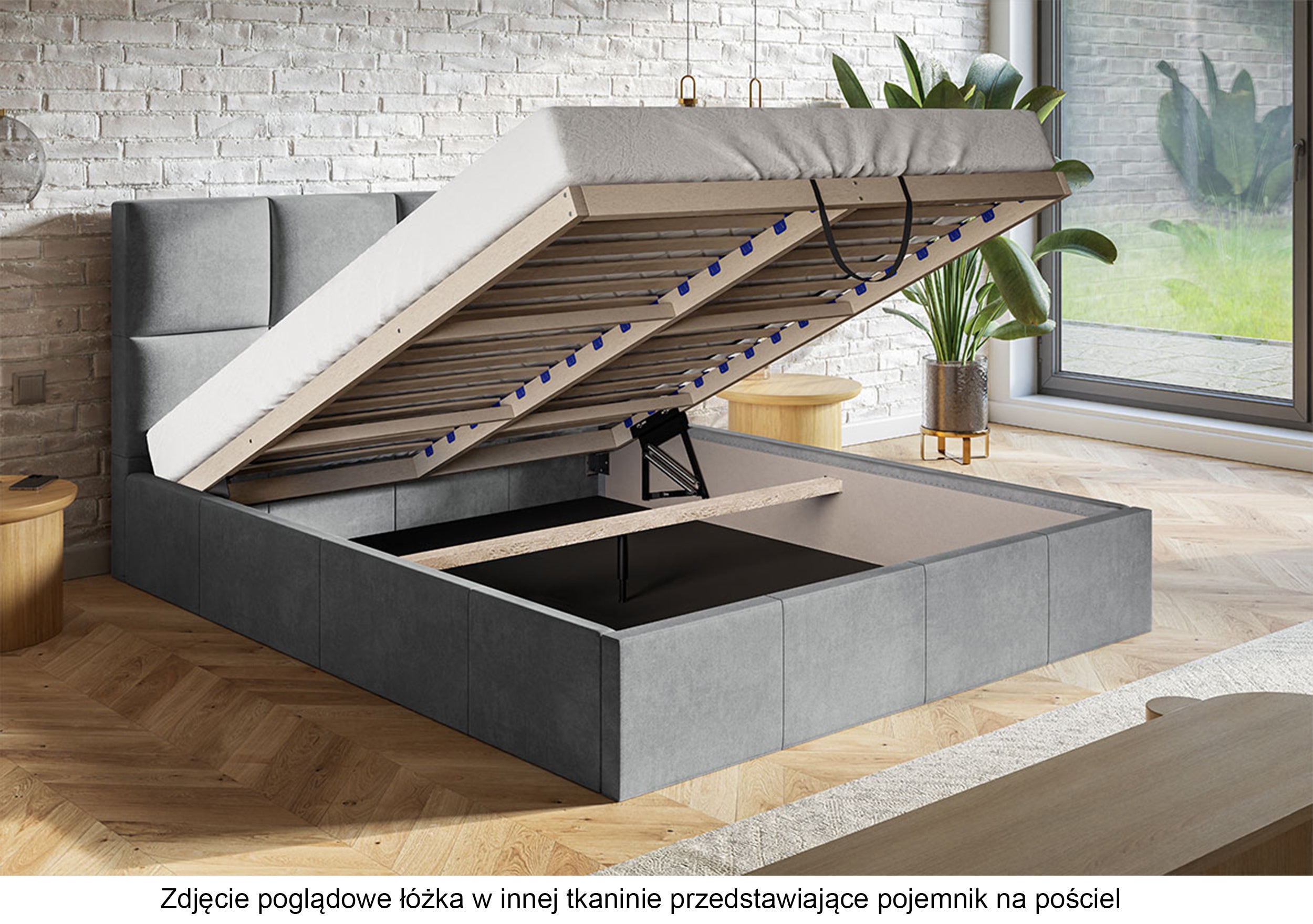 Łóżko tapicerowane 140x200 cm Bellaris z pojemnikiem i poziomymi panelami na wezgłowiu ciemnoszare