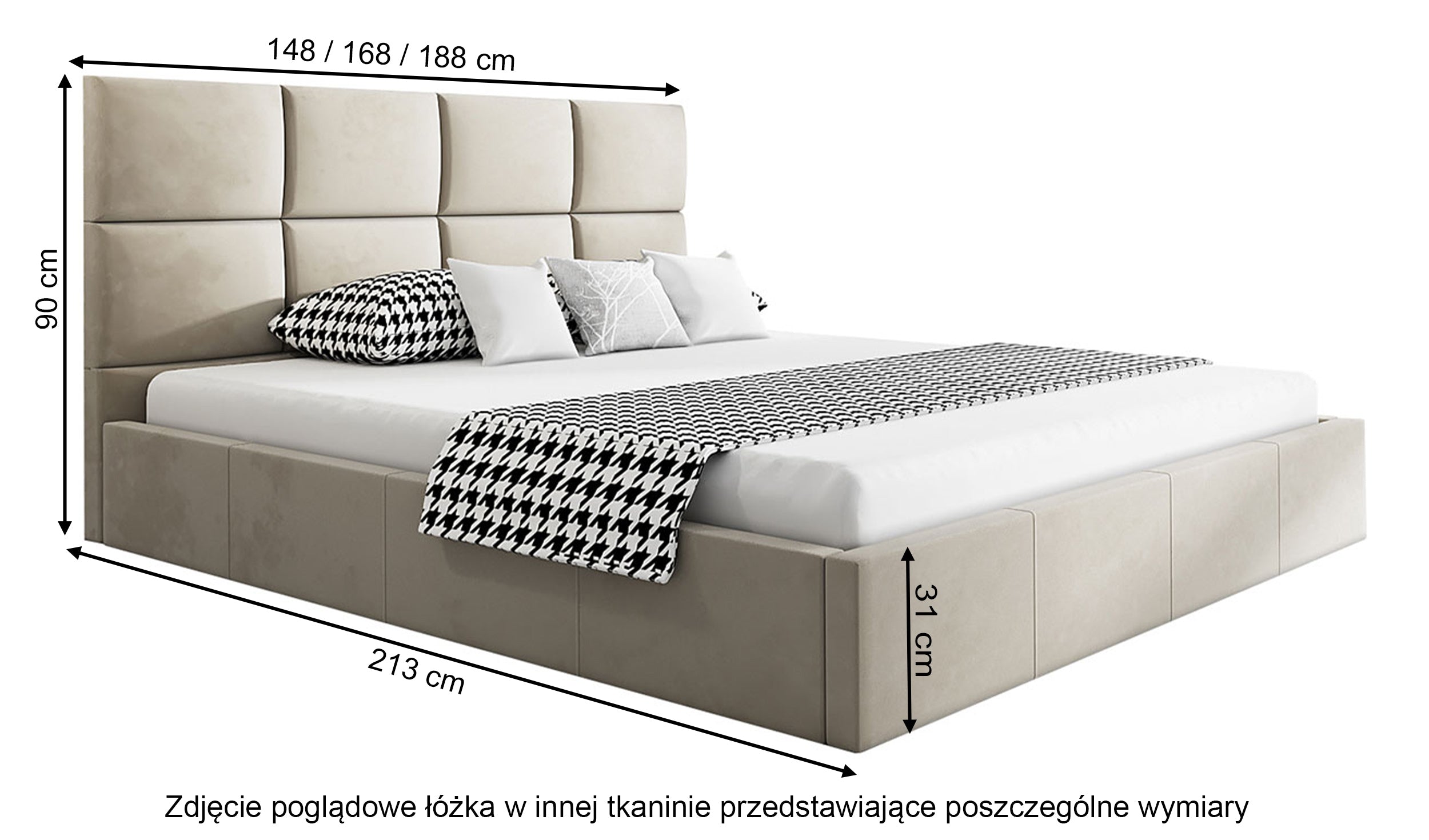 Łóżko tapicerowane 140x200 cm Bellaris z pojemnikiem i poziomymi panelami na wezgłowiu granatowe