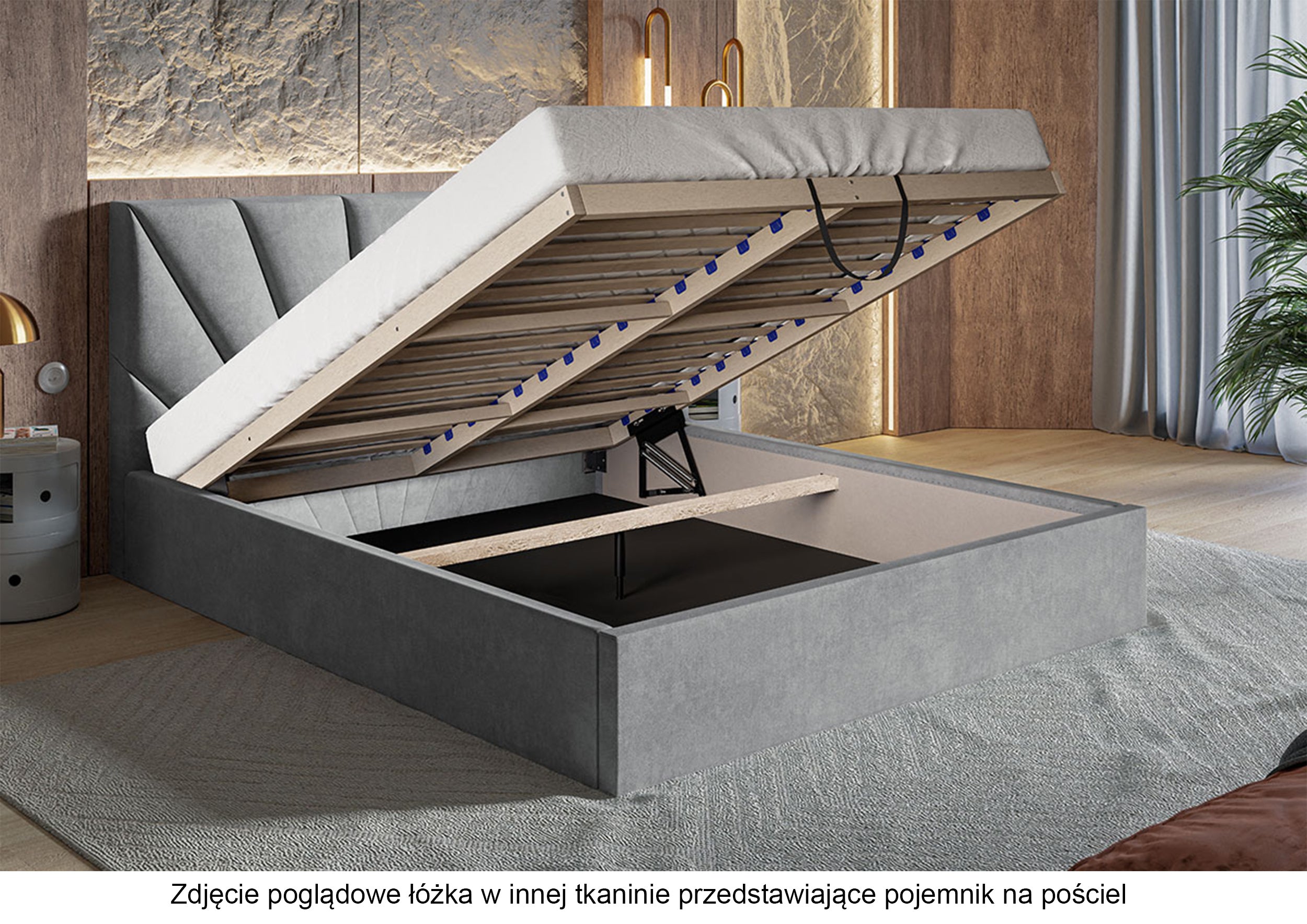 Łóżko tapicerowane 160x200 cm Bellaris z pojemnikiem i promienistymi przeszyciami miedziane