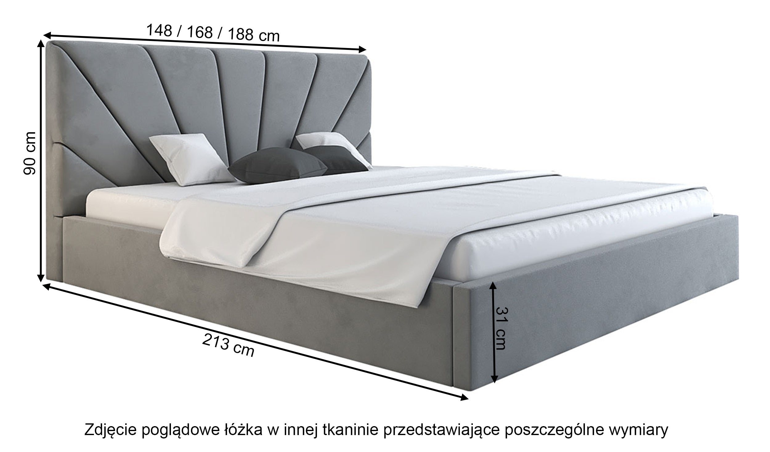 Łóżko tapicerowane 140x200 cm Bellaris z pojemnikiem i promienistymi przeszyciami czarne