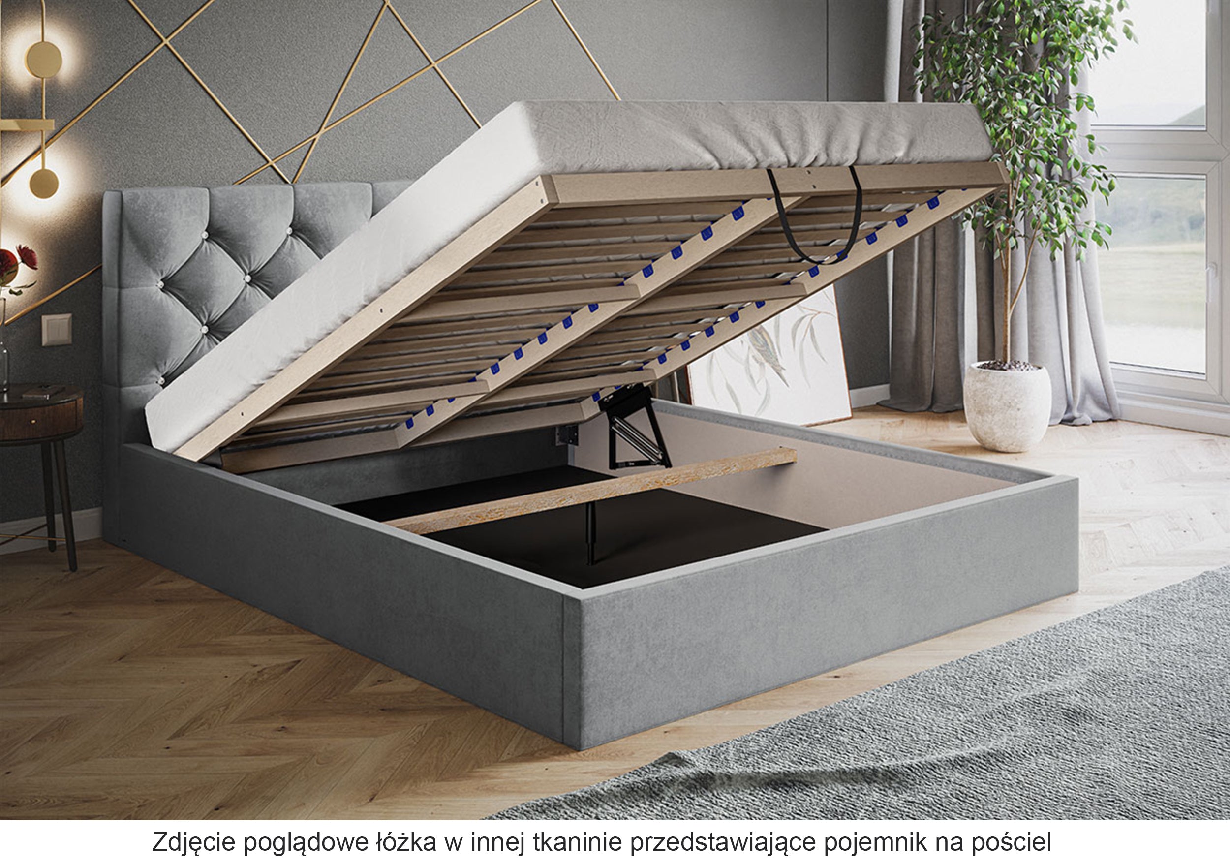 Łóżko tapicerowane 160x200 cm Bellaris z pojemnikiem i pikowaniem kryształkami miedziane