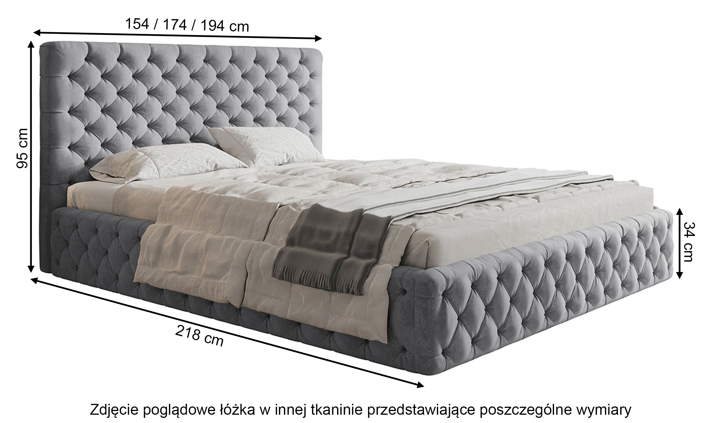 Łóżko tapicerowane 180x200 cm Bellaris z pojemnikiem i pikowaniem ciemnoszare