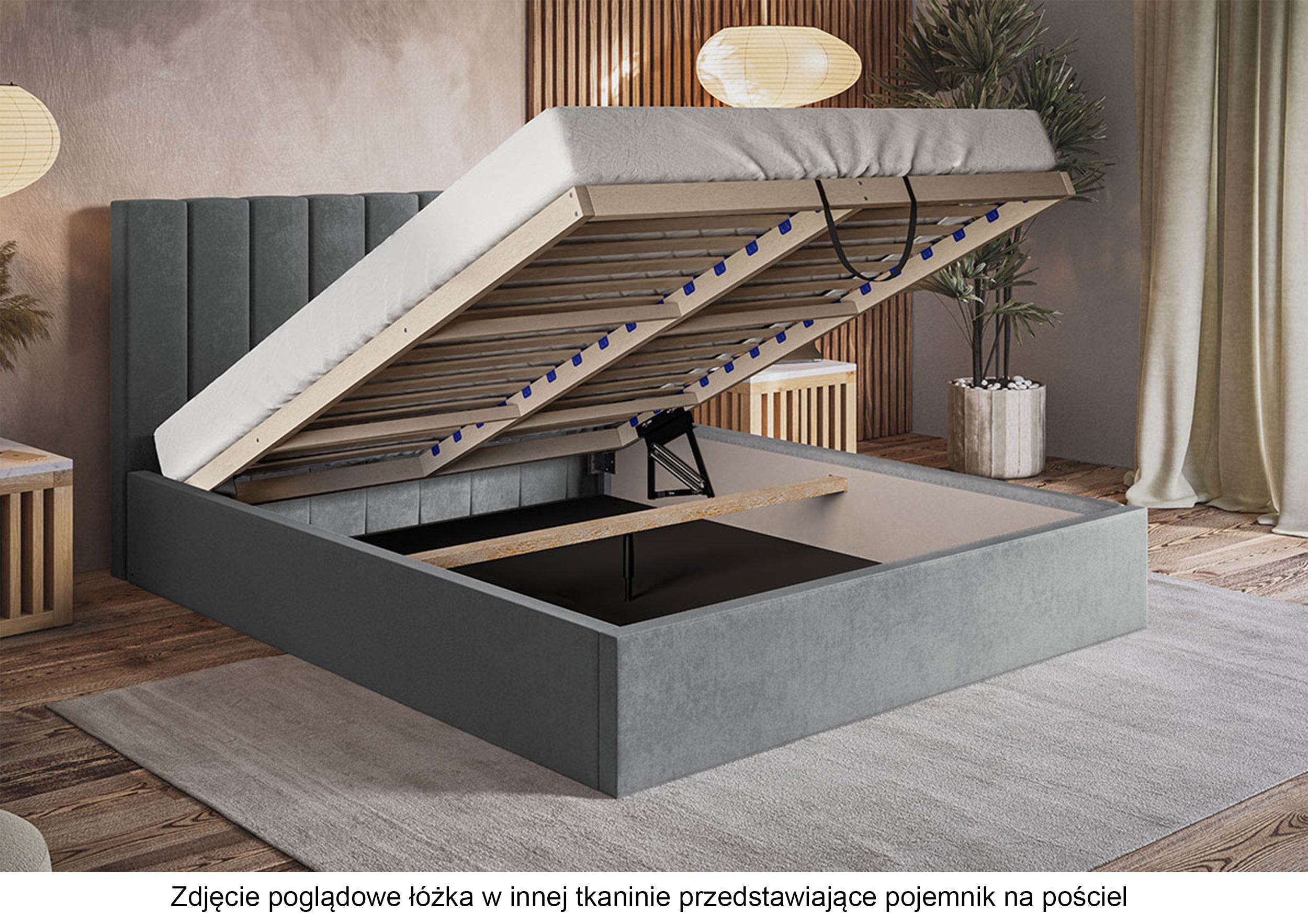 Łóżko tapicerowane 160x200 cm Bellaris z pojemnikiem i pionowymi panelami na wezgłowiu musztardowe