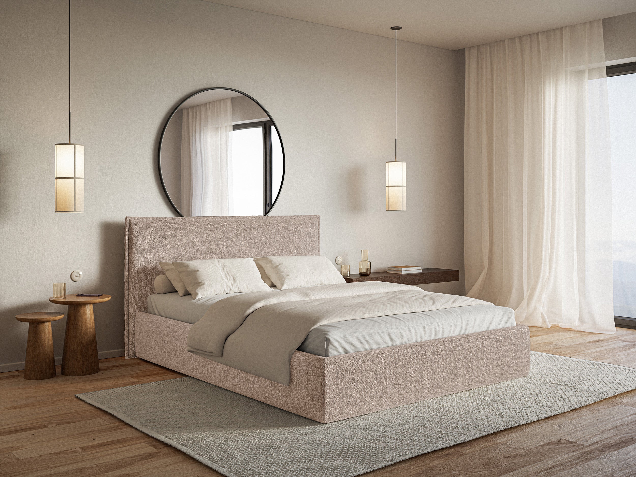 Łóżko tapicerowane 200x200 cm Softie Slim z pojemnikiem ciemnobeżowe szenil stelaż metalowy