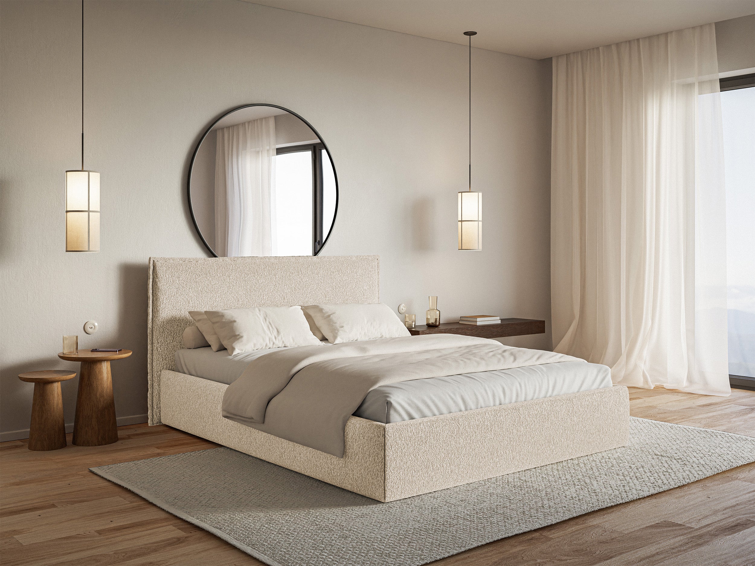 Łóżko tapicerowane 160x200 cm Softie Slim z pojemnikiem jasnobeżowe szenil stelaż metalowy