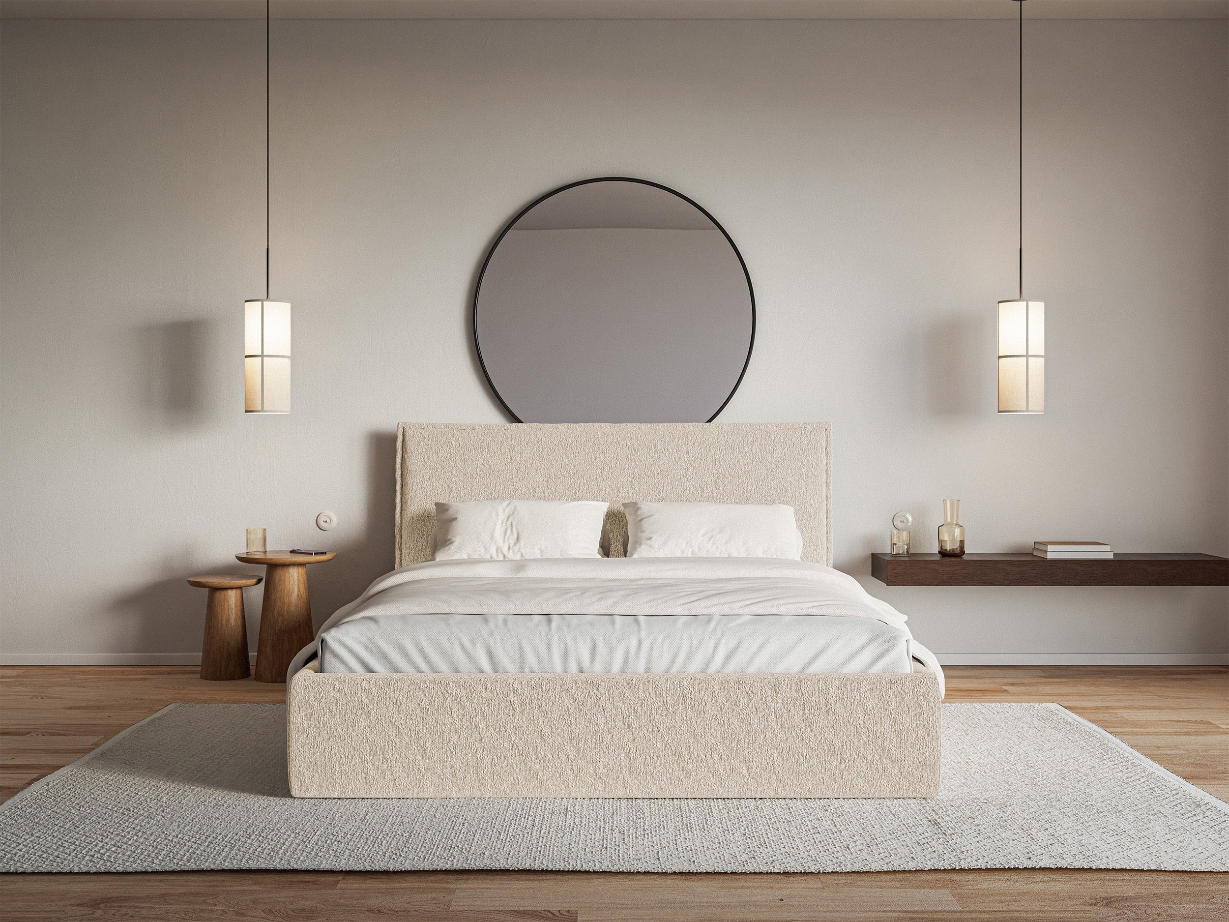 Łóżko tapicerowane 180x200 cm Softie Slim z pojemnikiem jasnobeżowe szenil stelaż metalowy