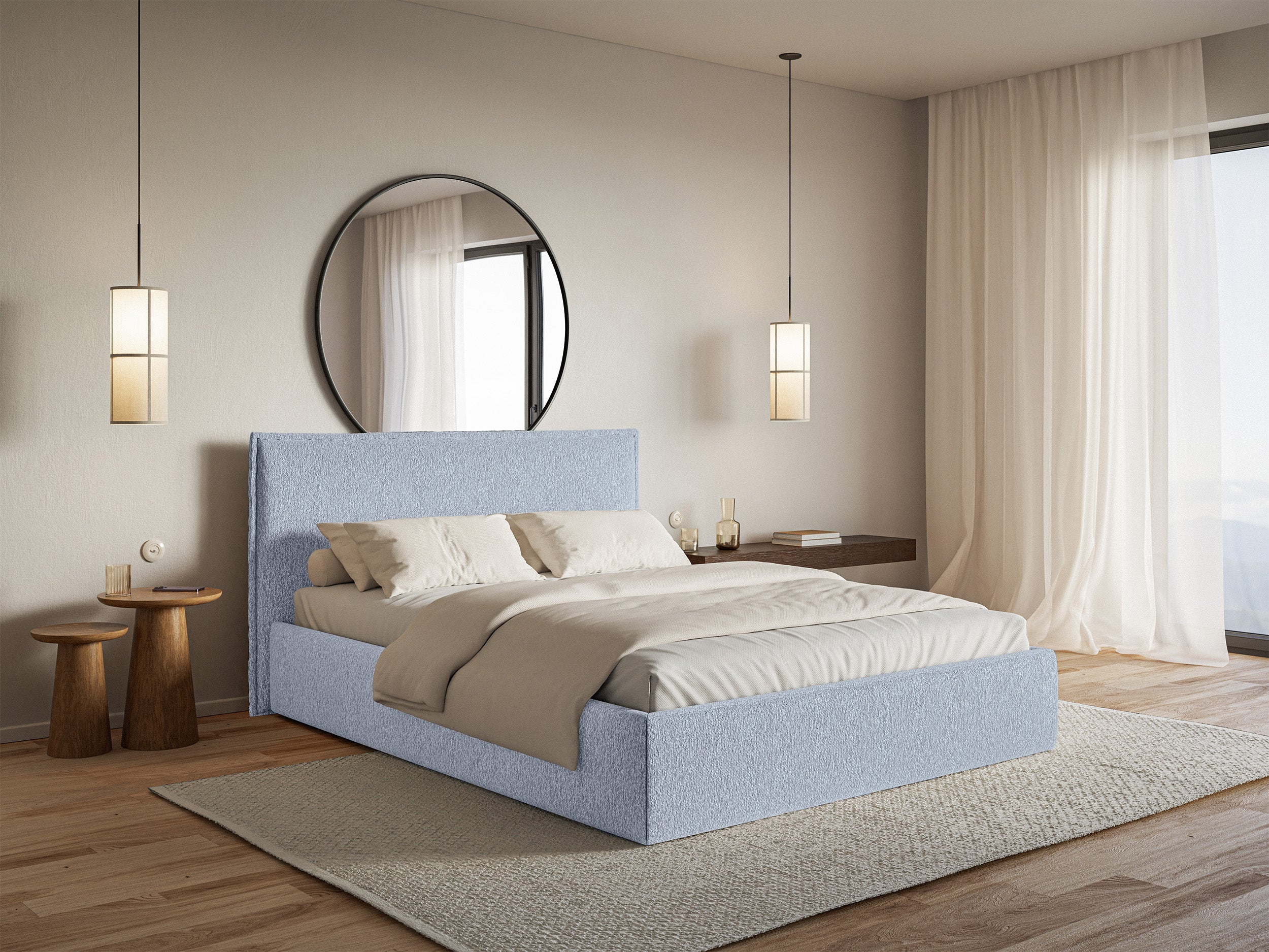 Łóżko tapicerowane 140x200 cm Softie Slim z pojemnikiem błękitne szenil stelaż metalowy