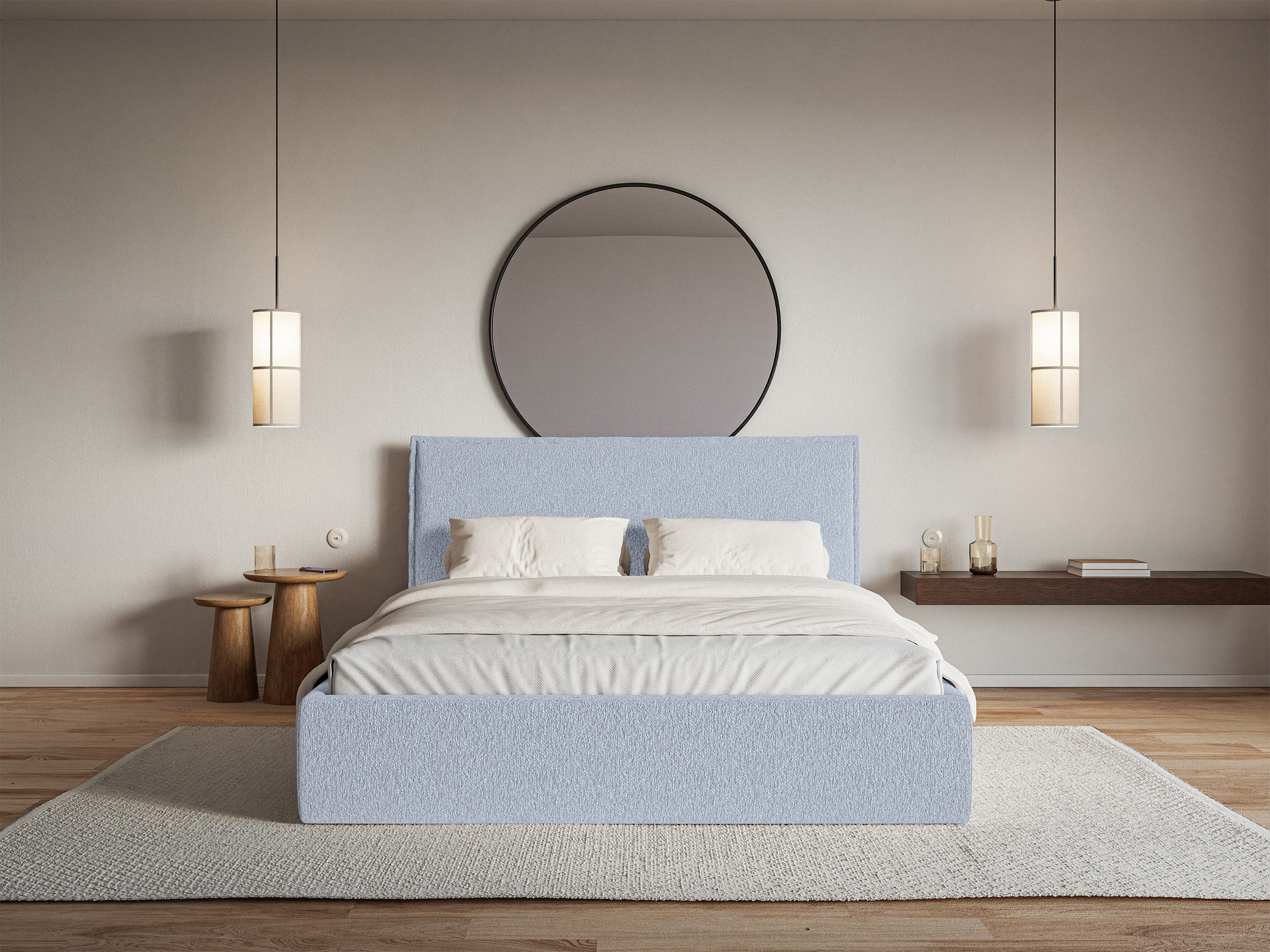 Łóżko tapicerowane 200x200 cm Softie Slim z pojemnikiem błękitne szenil stelaż metalowy