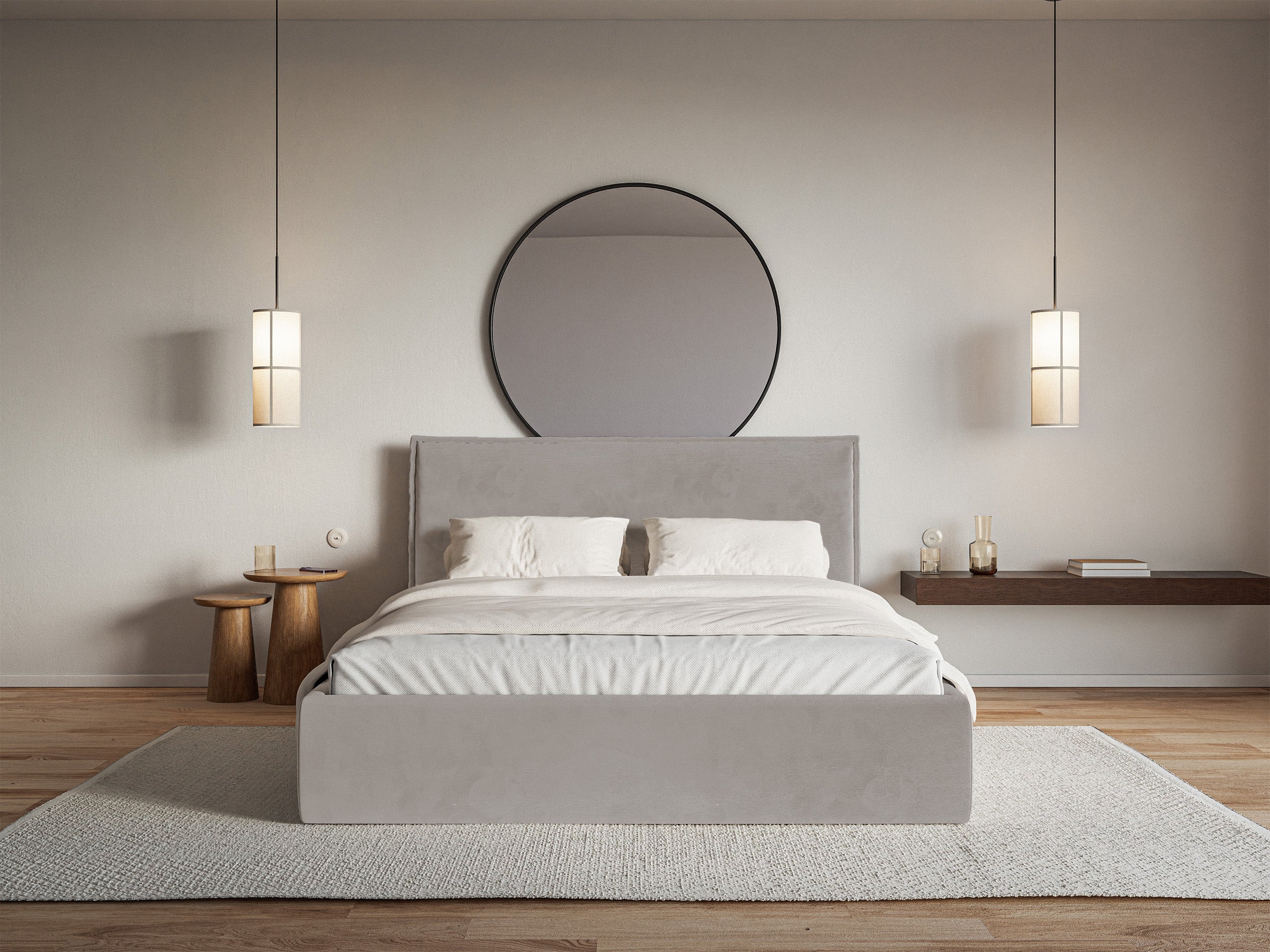 Łóżko tapicerowane 140x200 cm Softie Slim z pojemnikiem szarobrązowe welur hydrofobowy stelaż metalowy