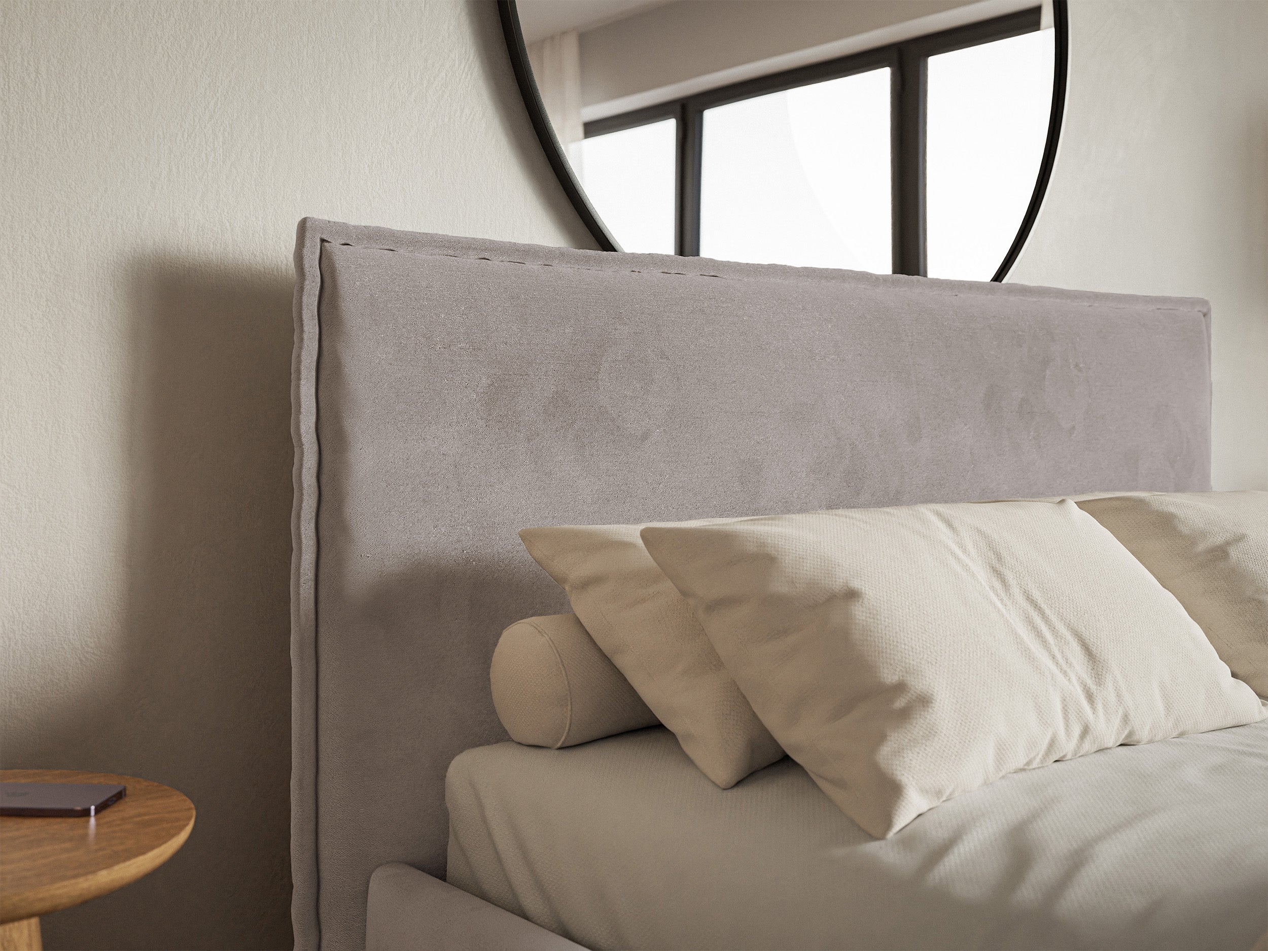 Łóżko tapicerowane 140x200 cm Softie Slim z pojemnikiem szarobrązowe welur hydrofobowy stelaż metalowy