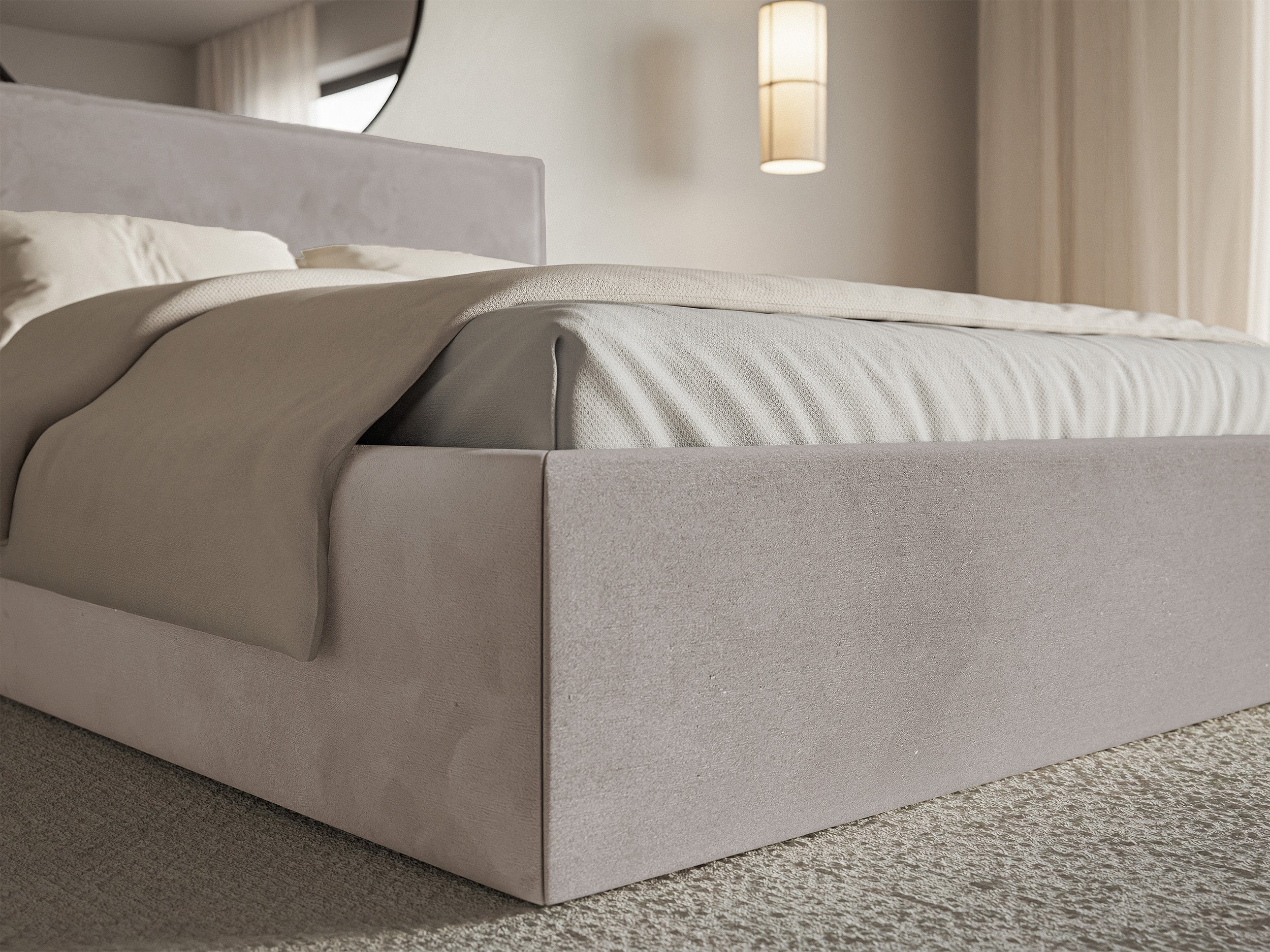 Łóżko tapicerowane 140x200 cm Softie Slim z pojemnikiem szarobrązowe welur hydrofobowy stelaż metalowy