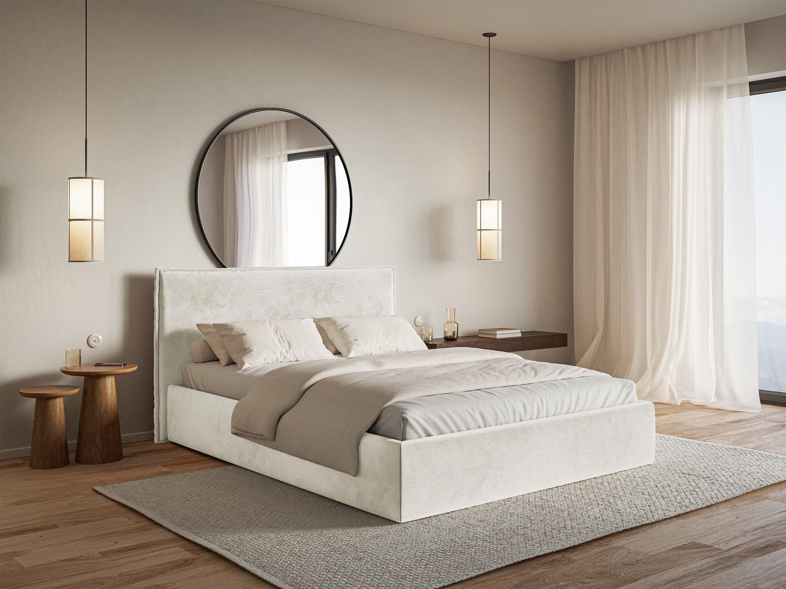 Łóżko tapicerowane 140x200 cm Softie Slim z pojemnikiem szarobeżowe welur hydrofobowy stelaż metalowy