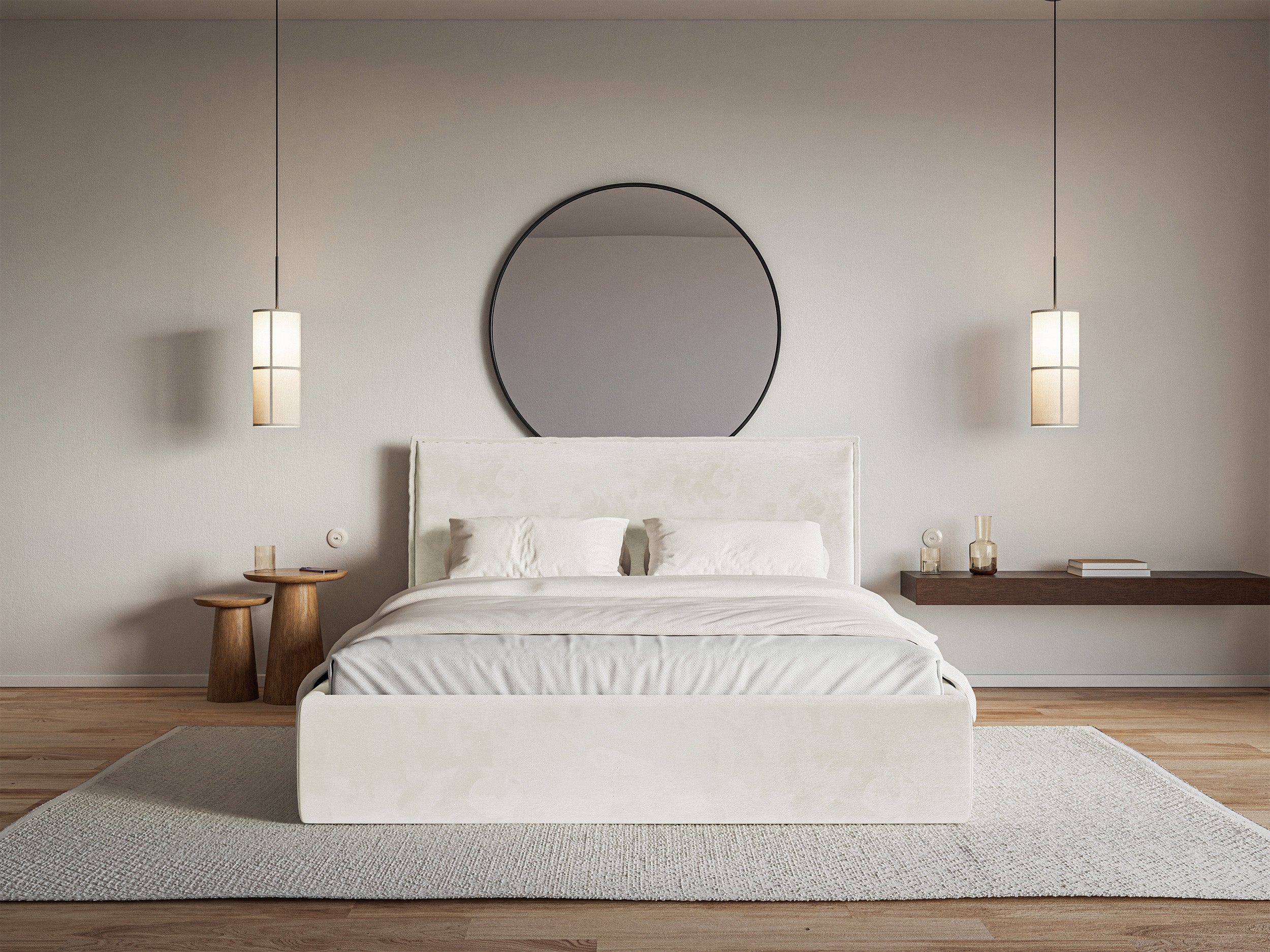 Łóżko tapicerowane 180x200 cm Softie Slim z pojemnikiem szarobeżowe welur hydrofobowy stelaż metalowy